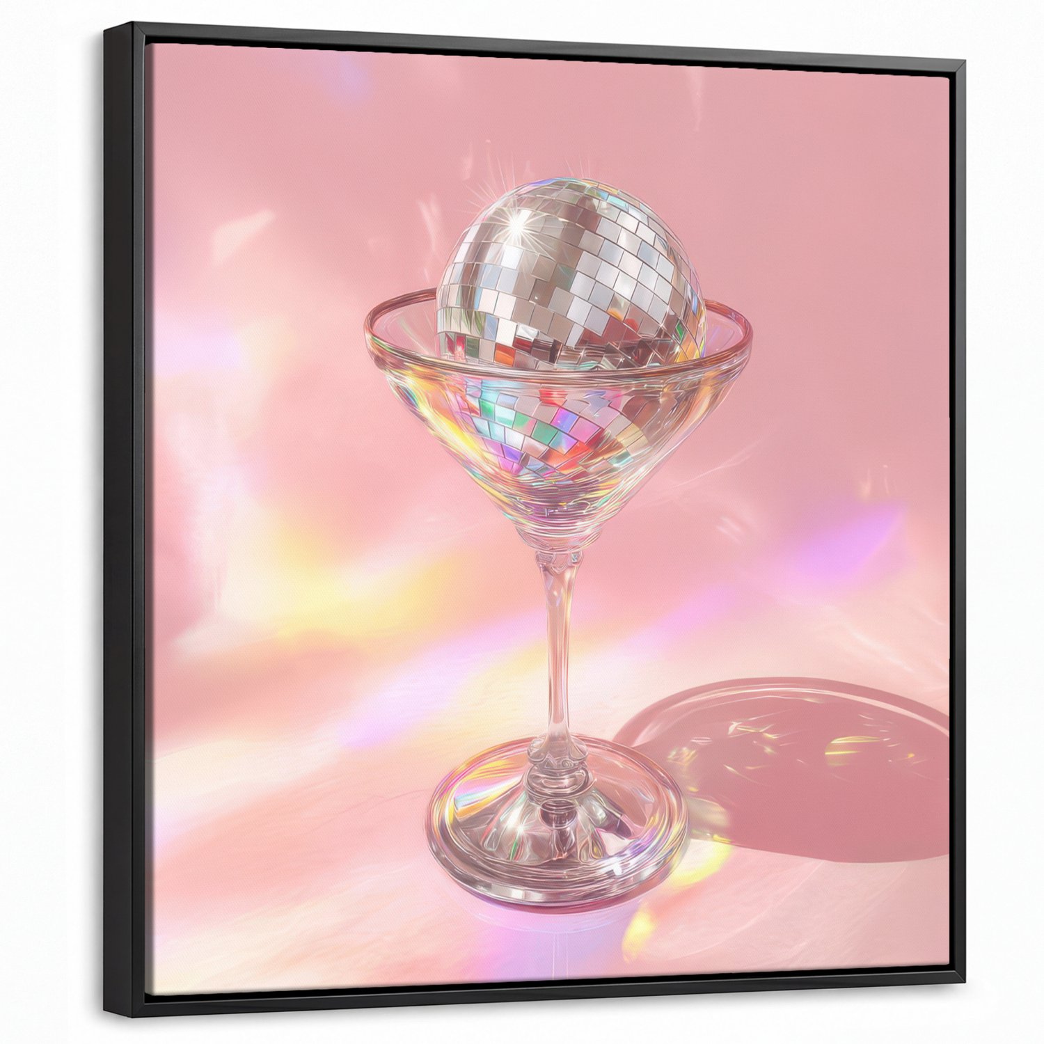 Canvas Schilderij met Baklijst 50x50cm - Martiniglas - Discobal - Fonkelende lichtvlekken - Muurdecoratie woonkamer - Slaapkamer decoratie - Kamer accessoires - Schilderijen op canvas met lijst