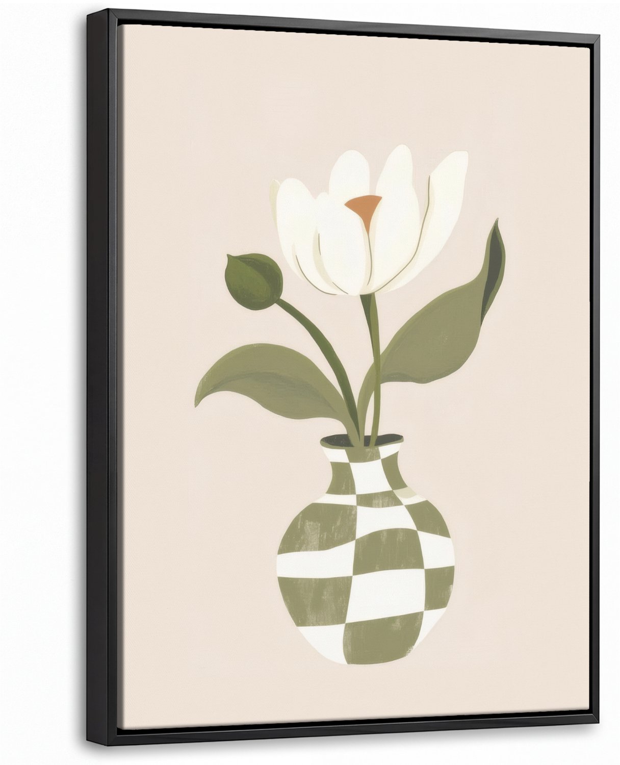 Canvas Schilderij met Baklijst 30x40cm - Vaas - Geruit - Bloem - Groen - Muurdecoratie woonkamer - Slaapkamer decoratie - Kamer accessoires - Schilderijen op canvas met lijst