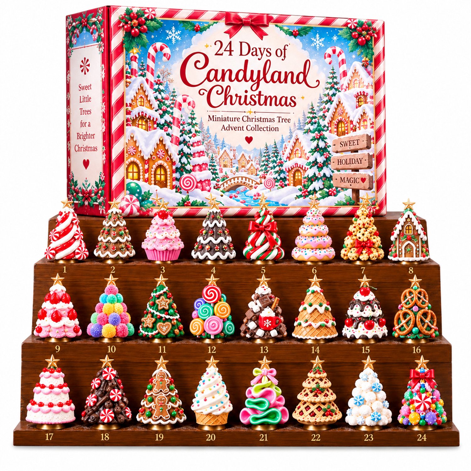 Adventskalender 2026 met 24 miniatuurkerstboomhangers, snoep- en gebakmotieven, doos 26 x 18 x 3 cm