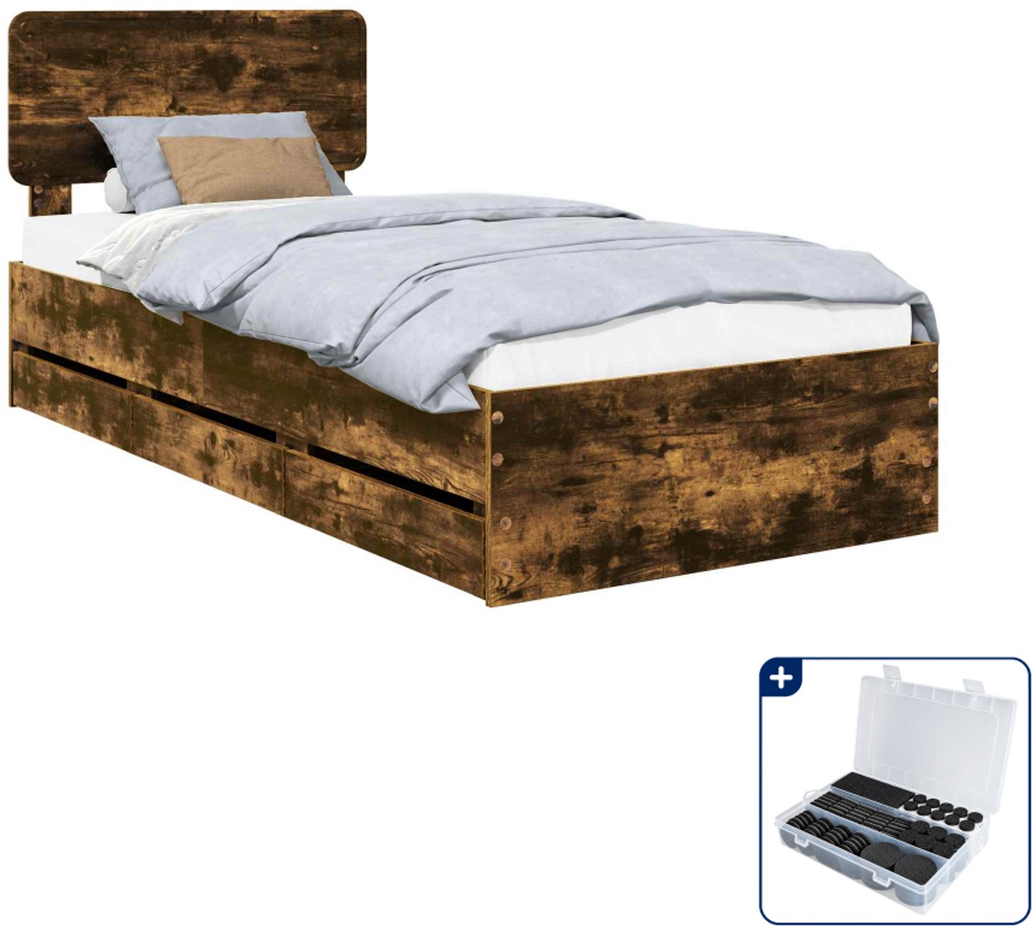 vidaXL bedframe met lade - 90 x 190 cm - gerookte eik - bewerkt hout - Inclusief antikrasvilt 177-delig Donker Grijn