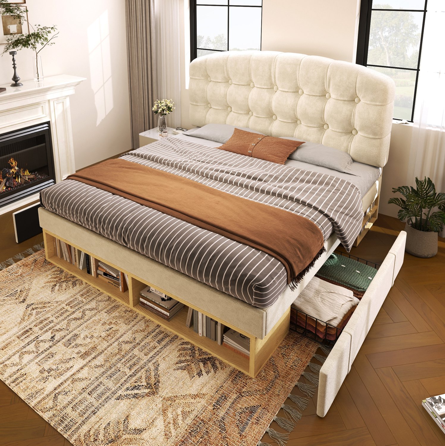 Maisentiel Eenpersoonsbed 90 x 200 cm beige met lades, opbergruimte en verstelbaar hoofdbord