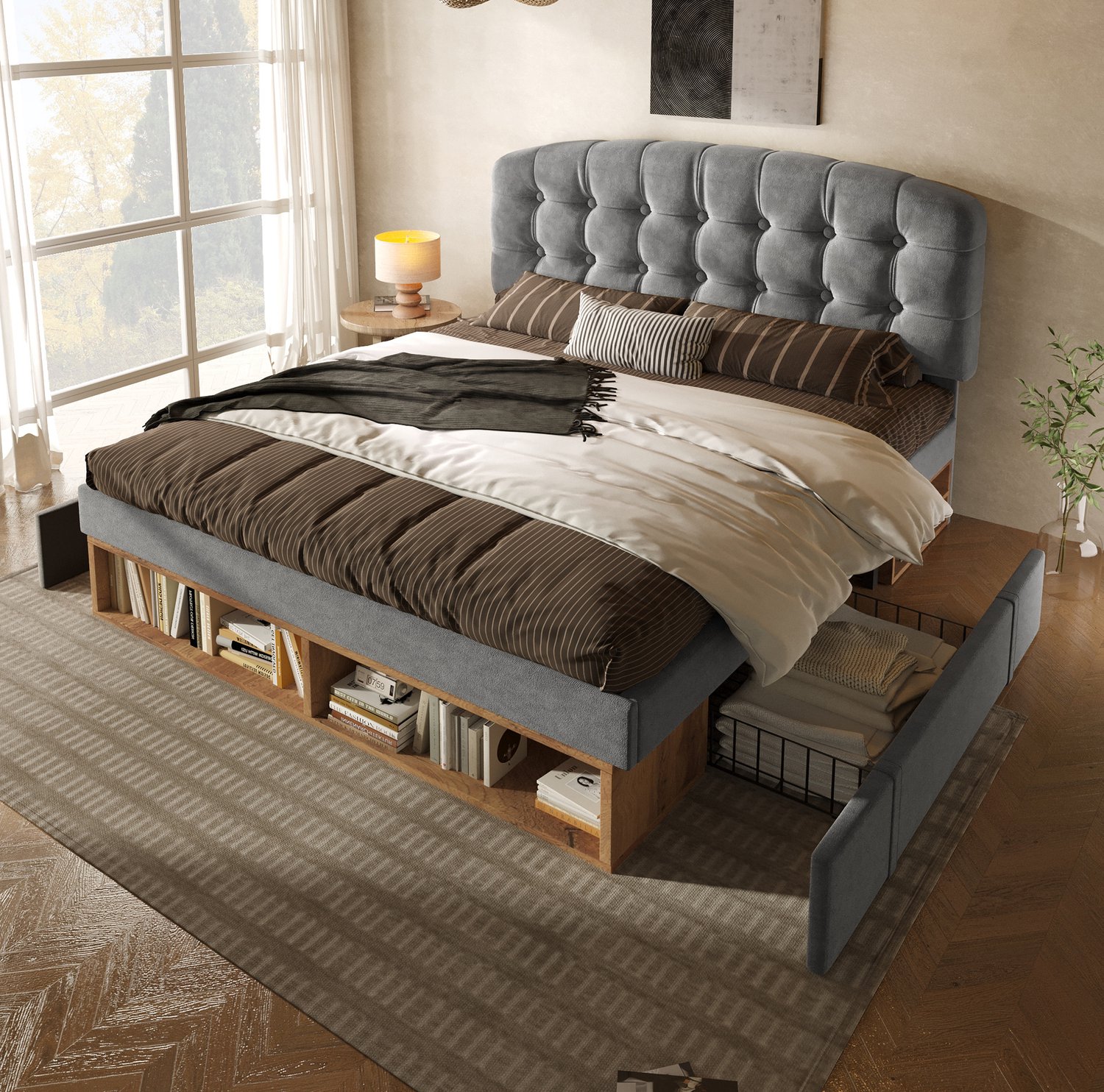 Maisentiel Grijs gestoffeerd eenpersoonsbed 90x200 cm met lades, opbergruimte en lattenbodem