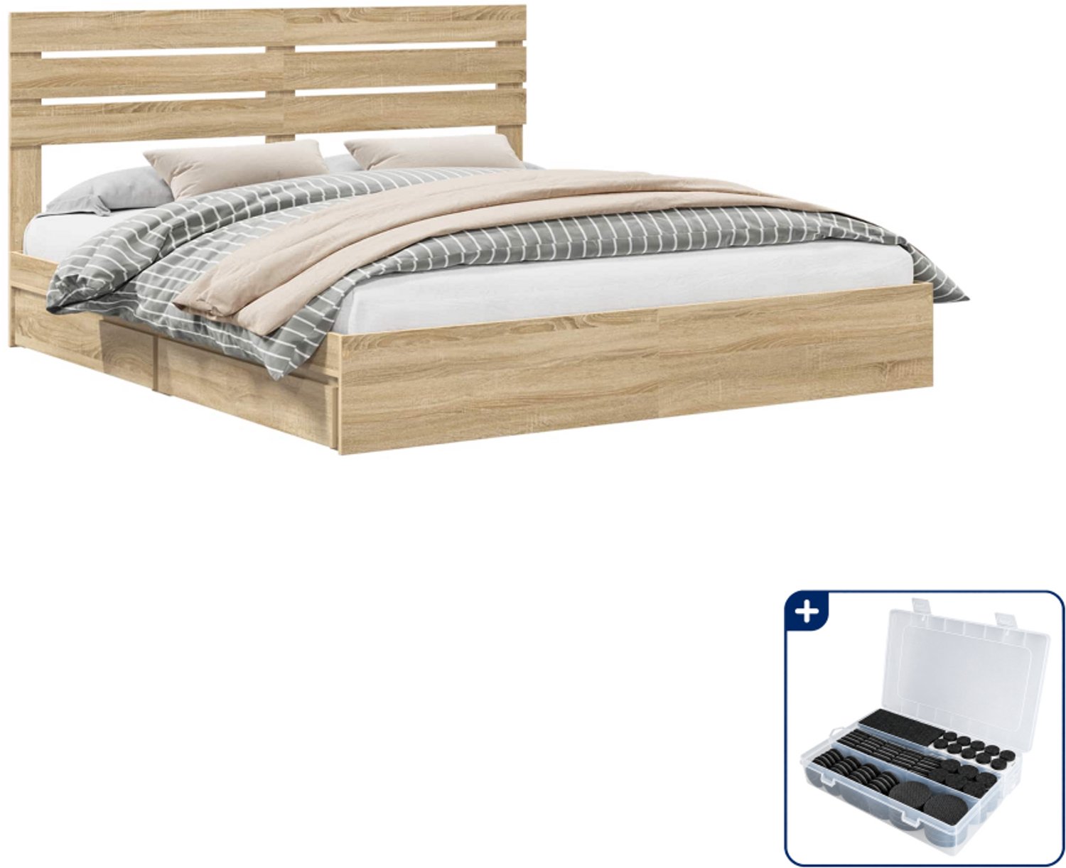 vidaXL bedframe - Kingsize - 180 x 200 cm - bewerkt hout - sonoma eiken - Inclusief antikrasvilt 177-delig Bruin