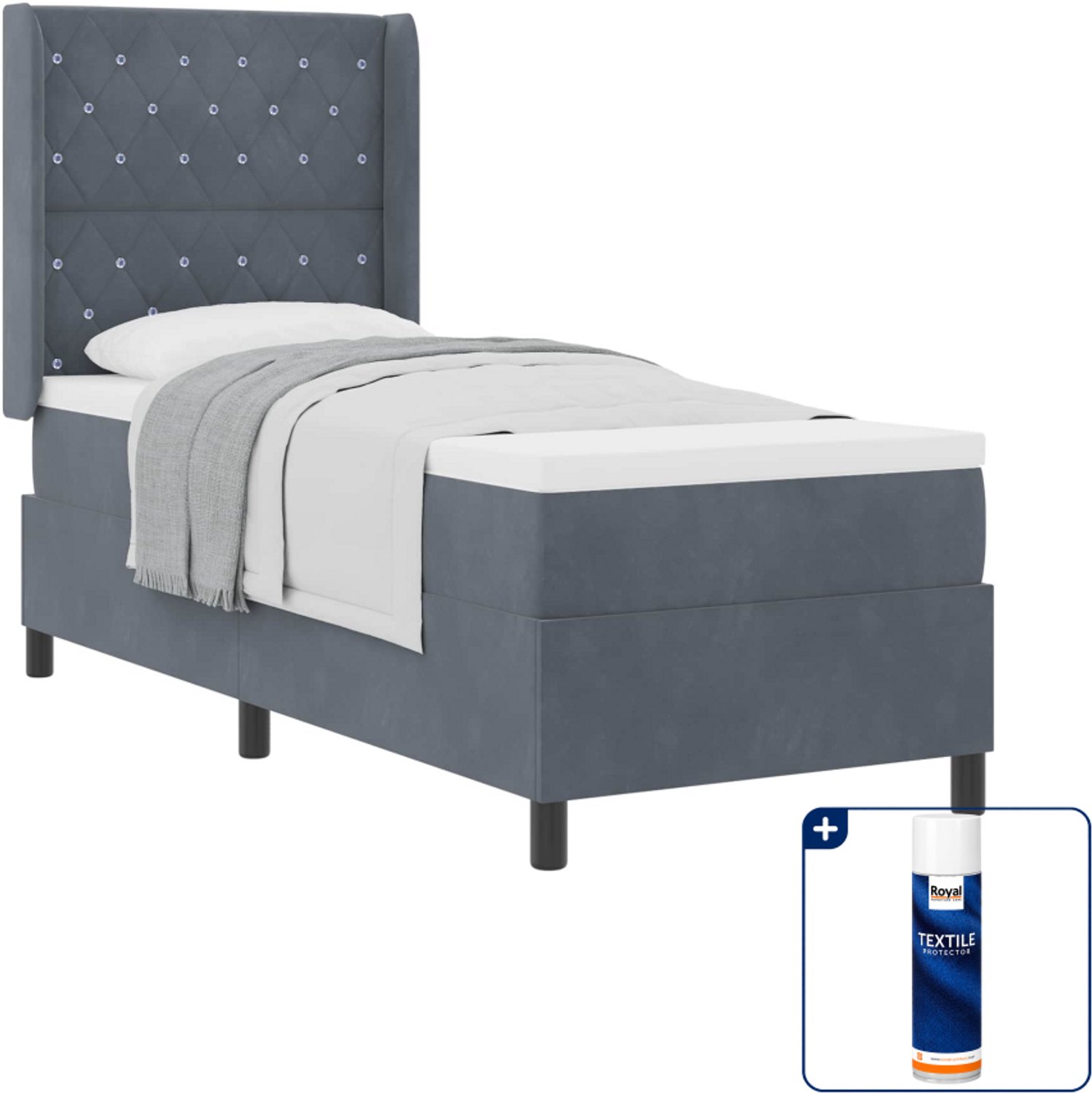 vidaXL boxspringbed - 80 x 200 cm - fluweel - donkergrijs - Inclusief textielbeschermer 500 ml