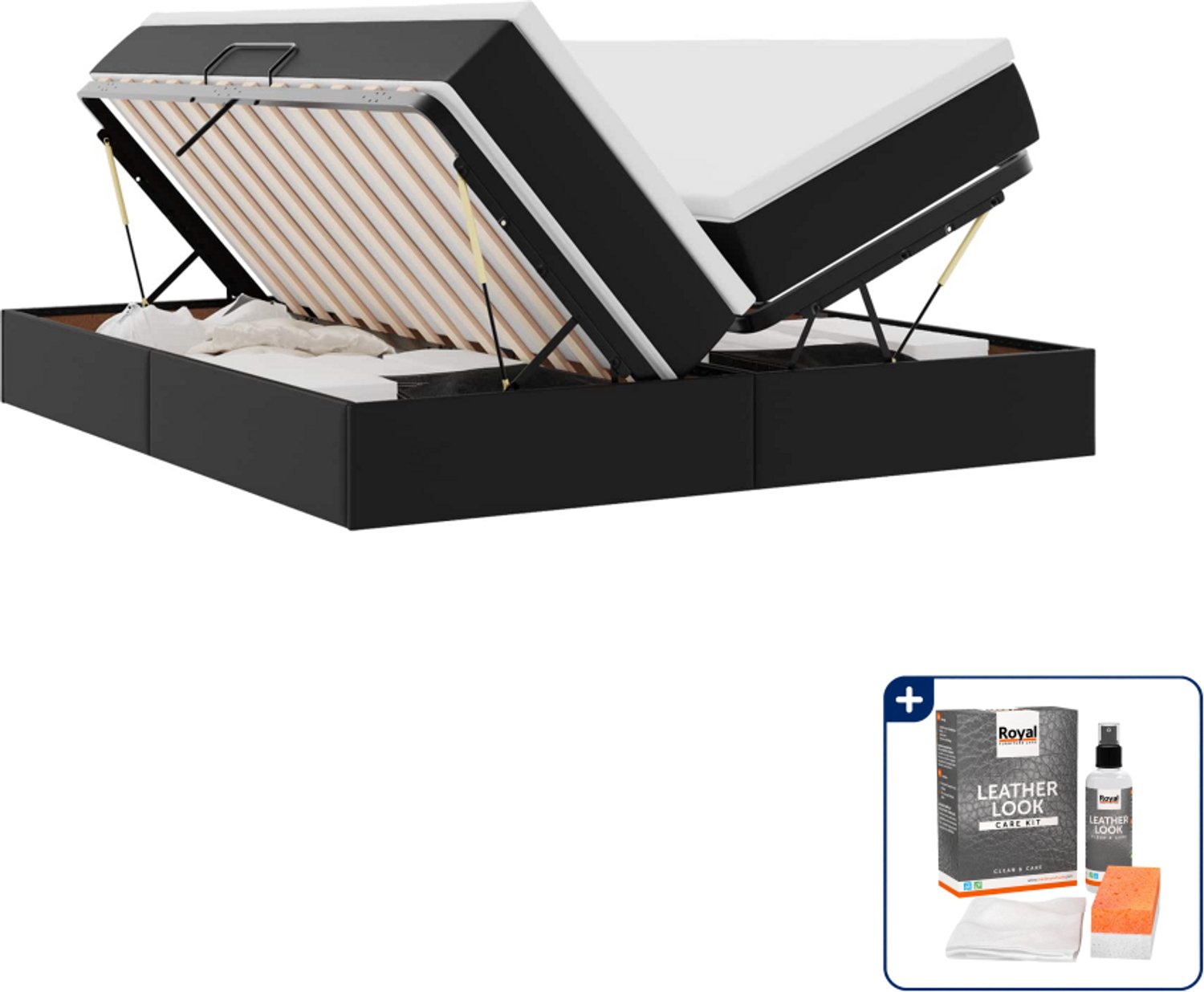 vidaXL Opbergbed met matras - 200 x 200 cm - kunstleer - zwart - Inclusief onderhoudsset voor kunstleer 150 ml Grijs