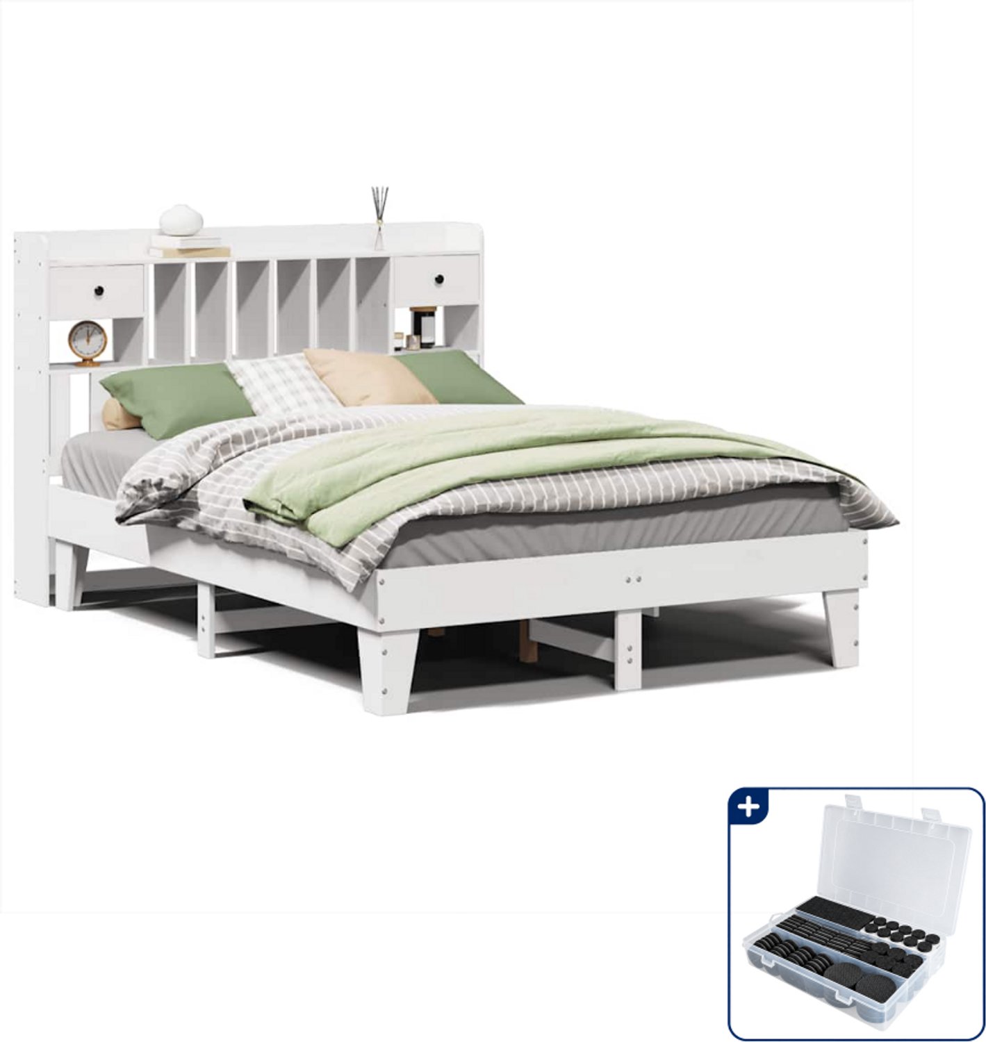 vidaXL Bedframe - Small double - 140 x 200 cm - wit - Inclusief antikrasvilt 177-delig Grijs