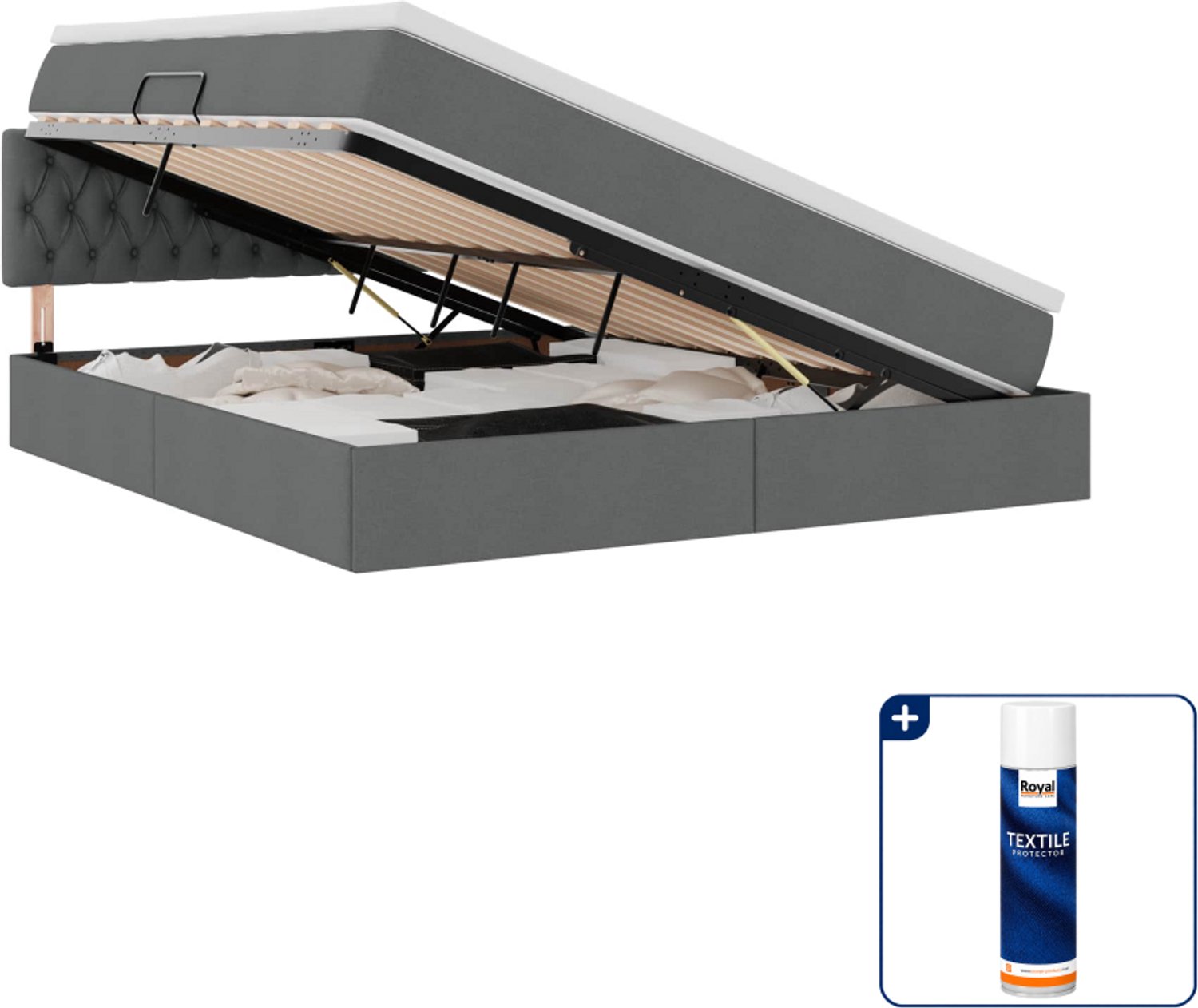 vidaXL Kingsize opslagbed met matras - 180 x 200 cm - donkergrijs - Inclusief textielbeschermer 500 ml Crème
