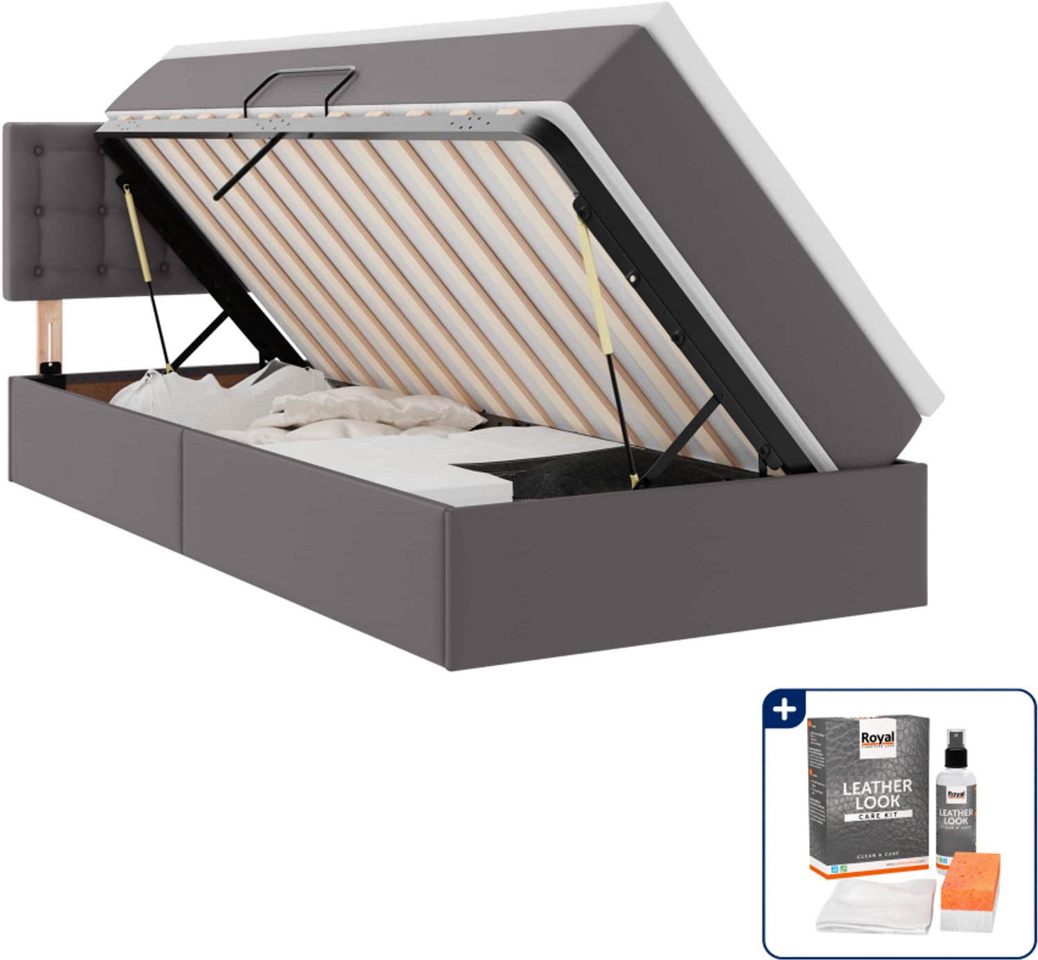 vidaXL opbergbed met led - 90 x 190 cm - grijs - Inclusief onderhoudsset voor kunstleer 150 ml Groen