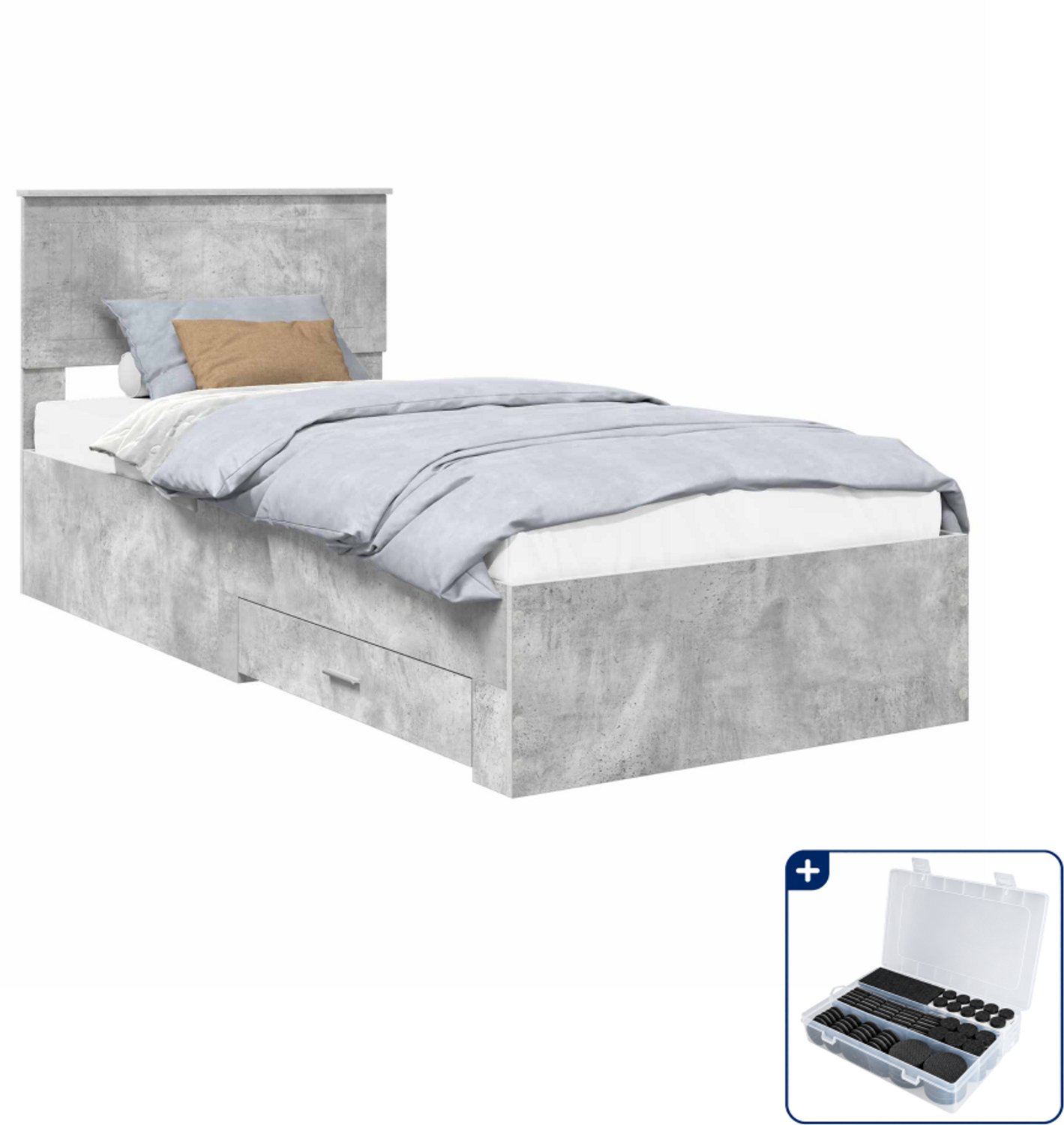 vidaXL bedframe met lade - 90 x 190 cm - bewerkt hout - betongrijs - Inclusief antikrasvilt 177-delig Bruin