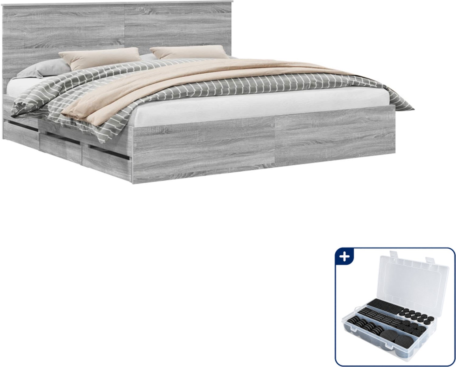 vidaXL bedframe - 200 x 200 cm - bewerkt hout - grijs sonoma - Inclusief antikrasvilt 177-delig Bruin