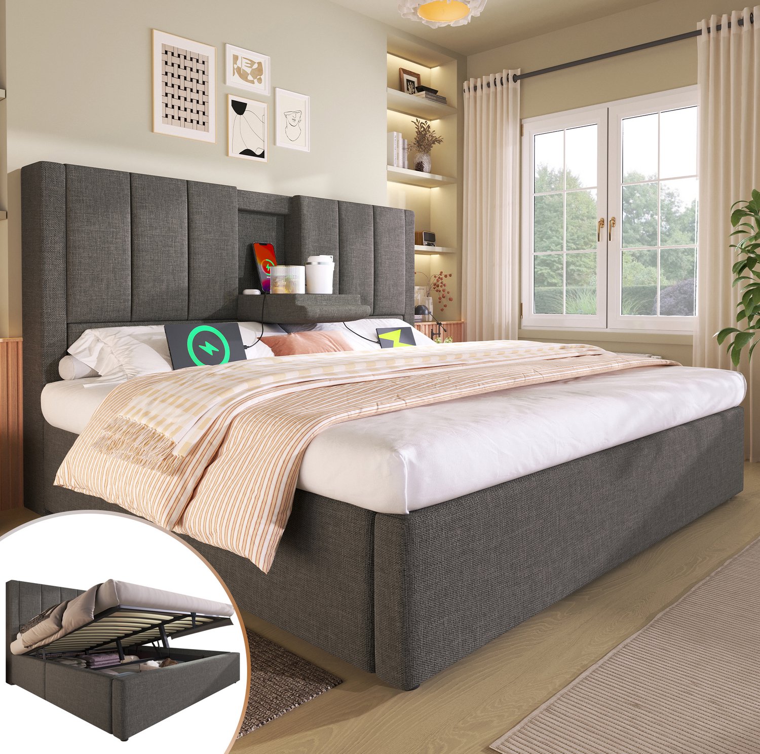 Maisentiel Gestoffeerd tweepersoonsbed 160 x 200 cm - opbergruimte, USB en bekerhouders - grijs