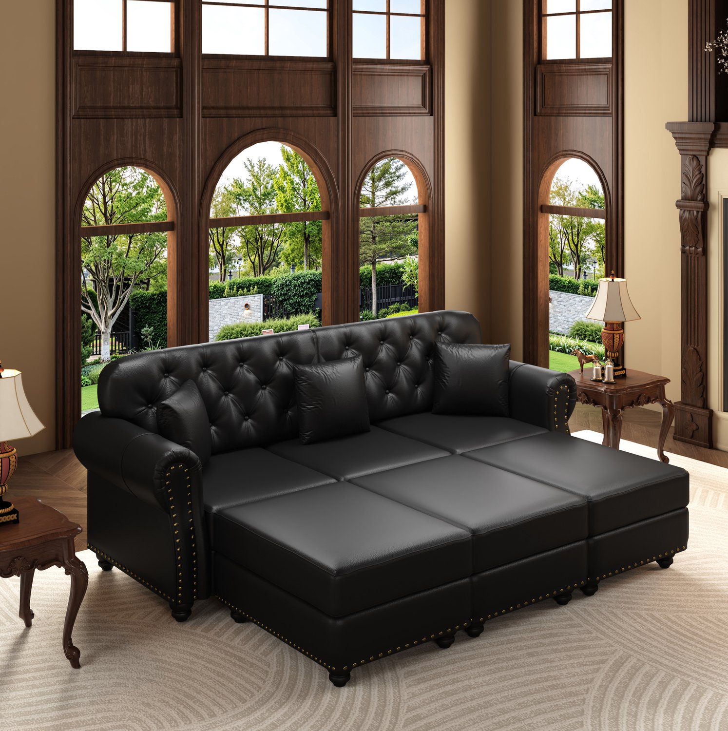 FloraGrace Chesterfield Bank 210 cm - Driezitsbank met 3 Verplaatsbare Voetenbankjes - Gecapitonneerde Rug - Woonkamer - Kunstleer - Zwart