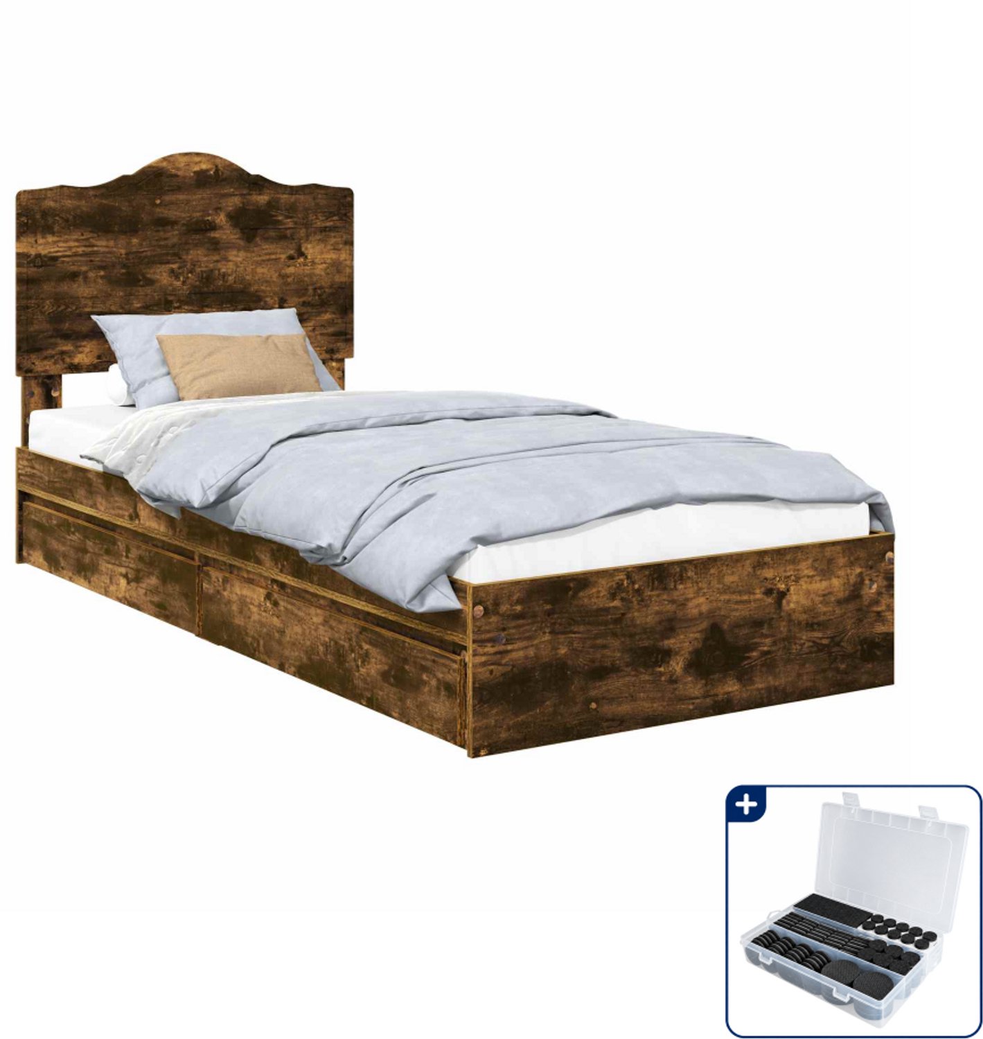 vidaXL bed met lade - 70 x 190 cm - bewerkt hout - gerookt eiken - Inclusief antikrasvilt 177-delig Bruin