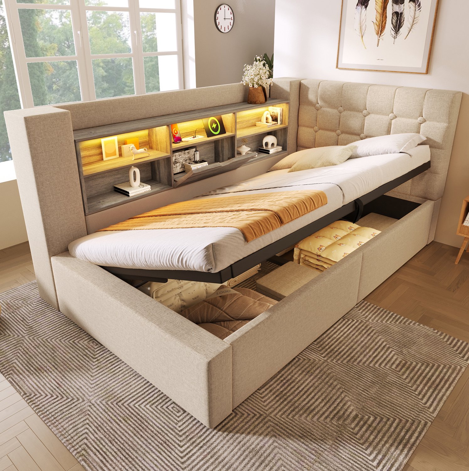 Maisentiel Eenpersoonsbed 90x200 cm met opbergruimte, LED-verlichting en lattenbodem - beige