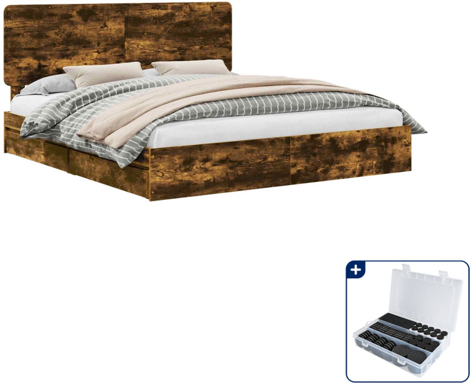 vidaXL bed met lade Kingsize - 180 x 200 cm - bewerkt hout - gerookt eiken - Inclusief antikrasvilt 177-delig Bruin