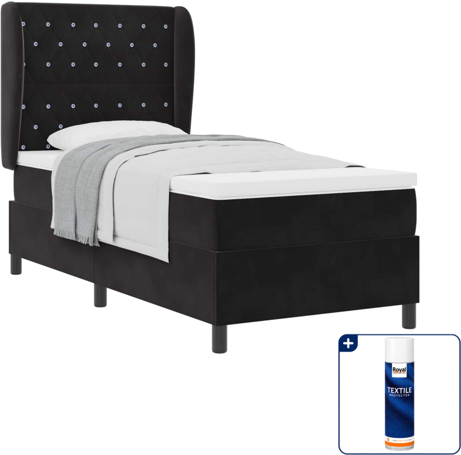 vidaXL boxspringbed met matras - 190 x 90 cm - fluweel - zwart - Inclusief textielbeschermer 500 ml