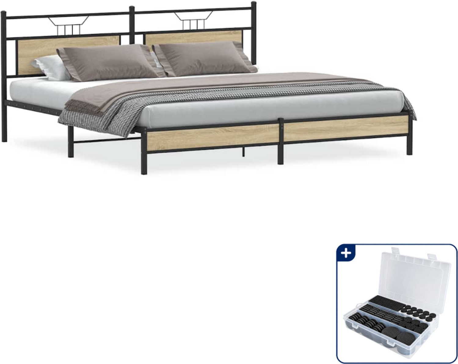 vidaXL bedframe - 200 x 200 cm - staal en bewerkt hout - sonoma eiken - Inclusief antikrasvilt 177-delig
