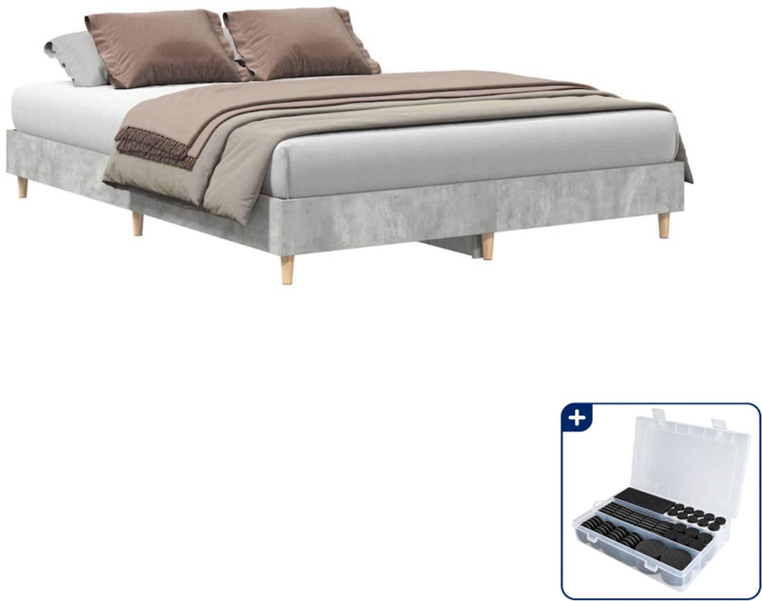 vidaXL Small double bedframe - 140 x 200 cm - betongrijs - Inclusief antikrasvilt 177-delig Bruin