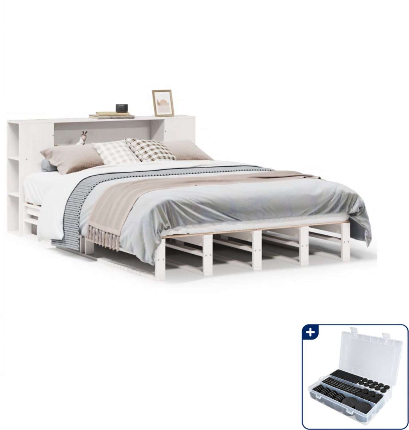 vidaXL bed met boekenkast - 135 x 190 cm - massief grenenhout - wit - Inclusief antikrasvilt 177-delig