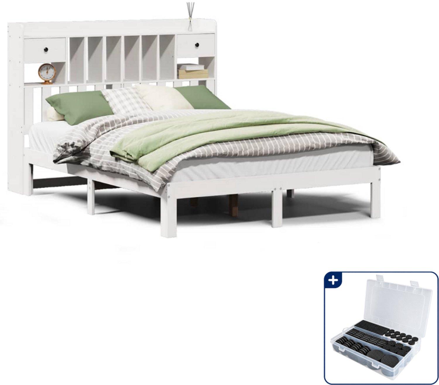 vidaXL bed met boekenkast - Small double 140 x 200 cm - wit - Inclusief antikrasvilt 177-delig