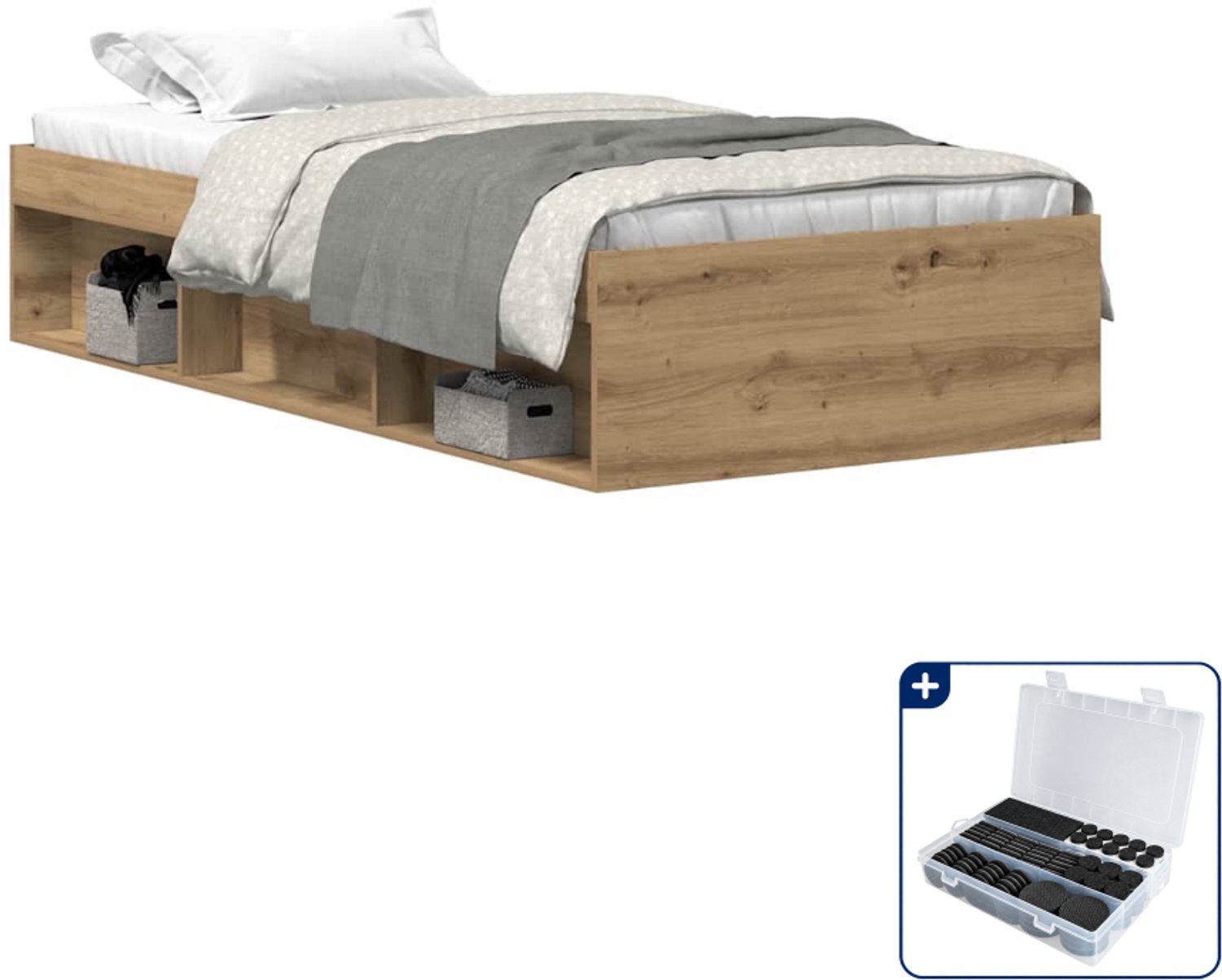 vidaXL bedframe - 75 x 190 cm - bewerkt hout - artisan eiken - Inclusief antikrasvilt 177-delig Grijs