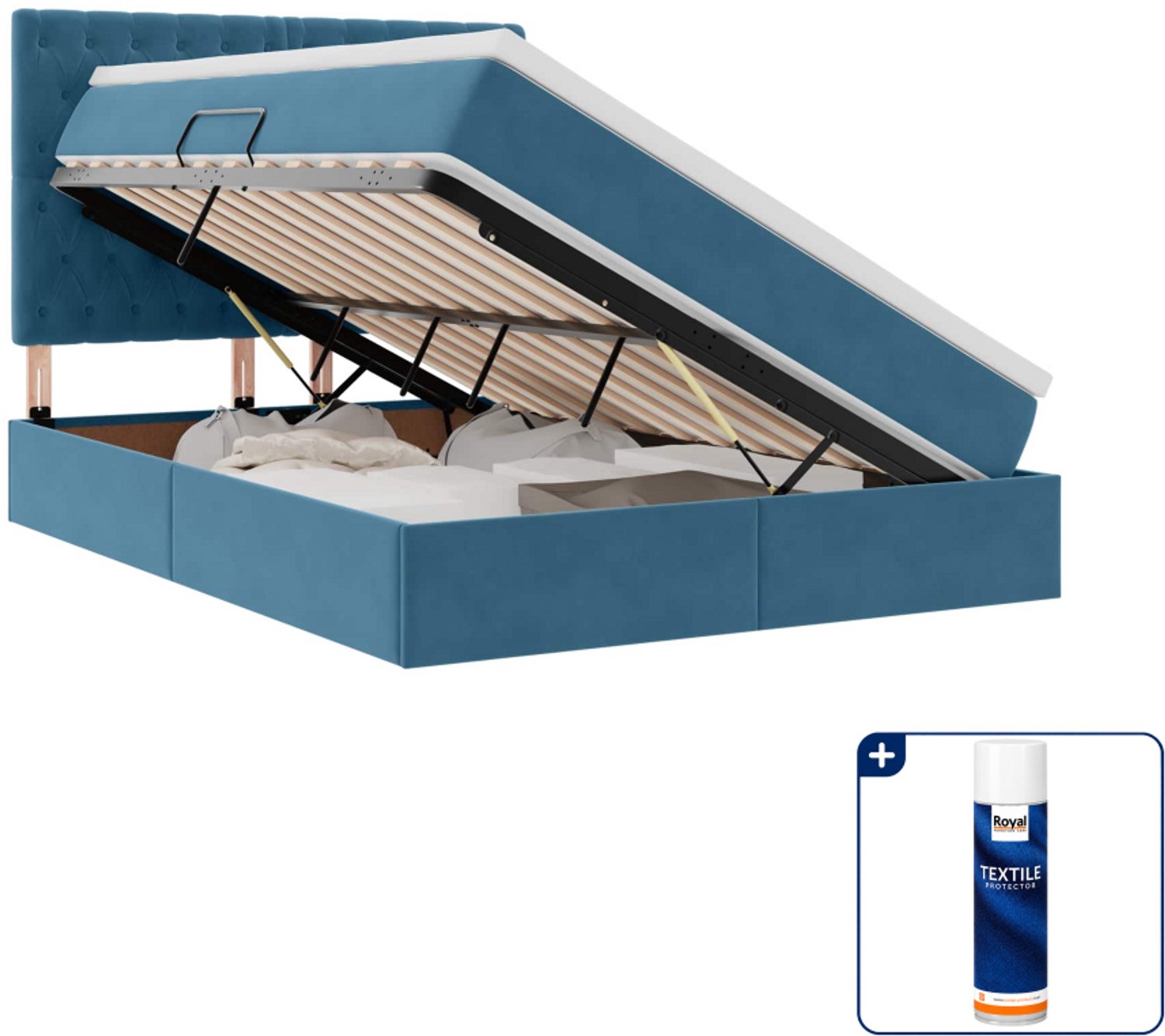 vidaXL bed met matras - Small double - 140 x 200 cm - donkerblauw - Inclusief textielbeschermer 500 ml Bruin