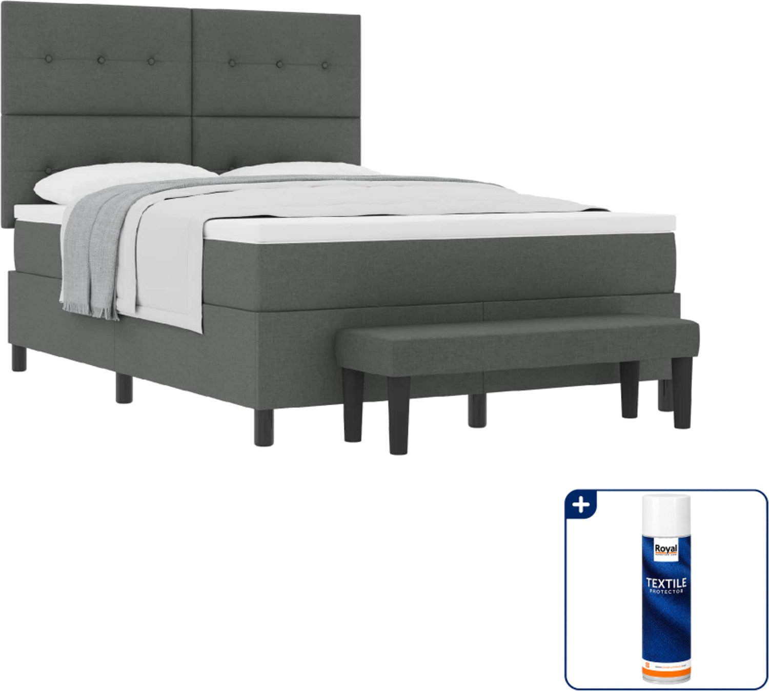 vidaXL Boxspringbed - Small double - 140 x 200 cm - donkergrijs - Inclusief textielbeschermer 500 ml Blauw