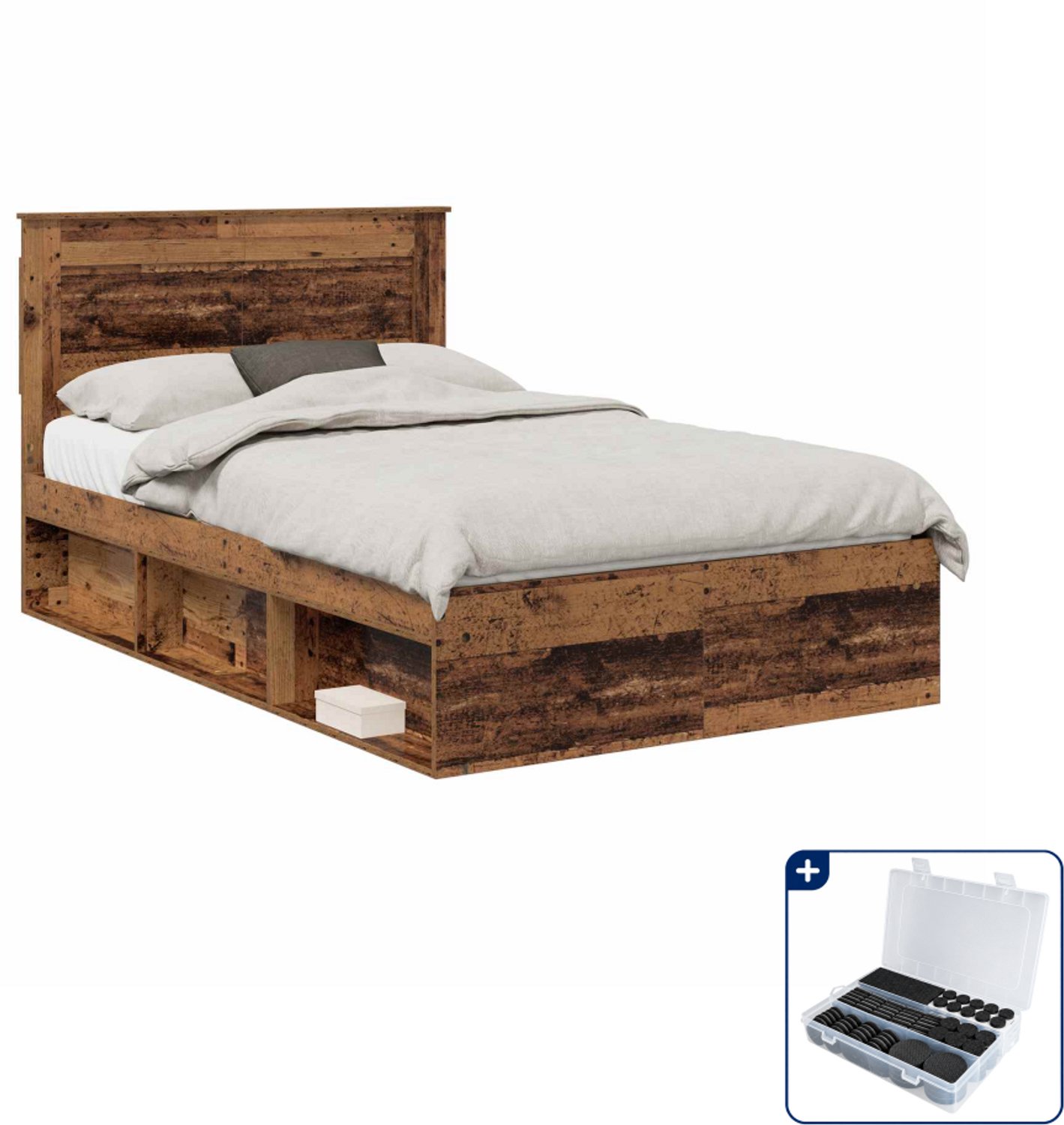 vidaXL bedframe met hoofdeinde - 120 x 200 cm - bewerkt hout - oudhout - Inclusief antikrasvilt 177-delig grijs