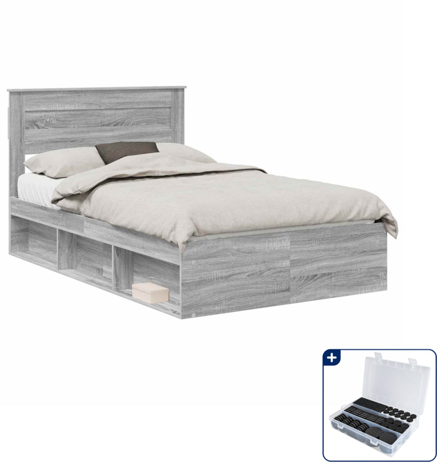 vidaXL Bedframe - 135 x 190 cm - bewerkt hout - grijs sonoma - Inclusief antikrasvilt 177-delig Bruin