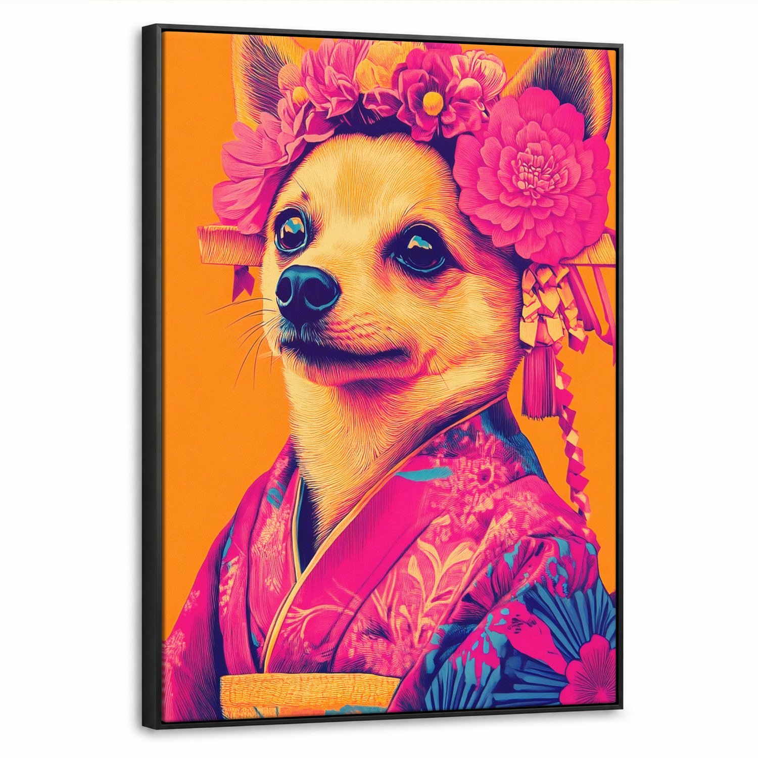 Canvas Schilderij met Baklijst 70x100cm - Kimono - Hondje - Bloemenkroon - Oranje - Muurdecoratie woonkamer - Slaapkamer decoratie - Kamer accessoires - Schilderijen op canvas met lijst