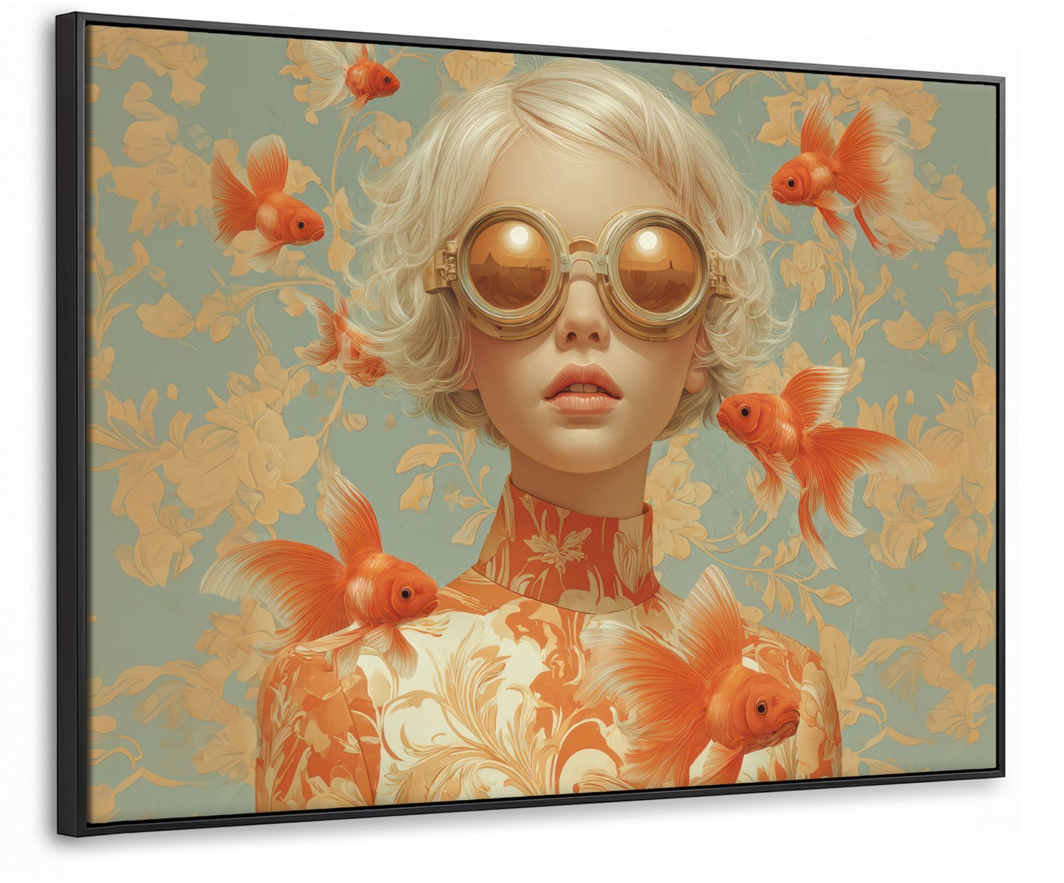 Canvas Schilderij met Baklijst 100x70cm - Goudvissen - Oranje - Vrouw - Blond - Muurdecoratie woonkamer - Slaapkamer decoratie - Kamer accessoires - Schilderijen op canvas met lijst