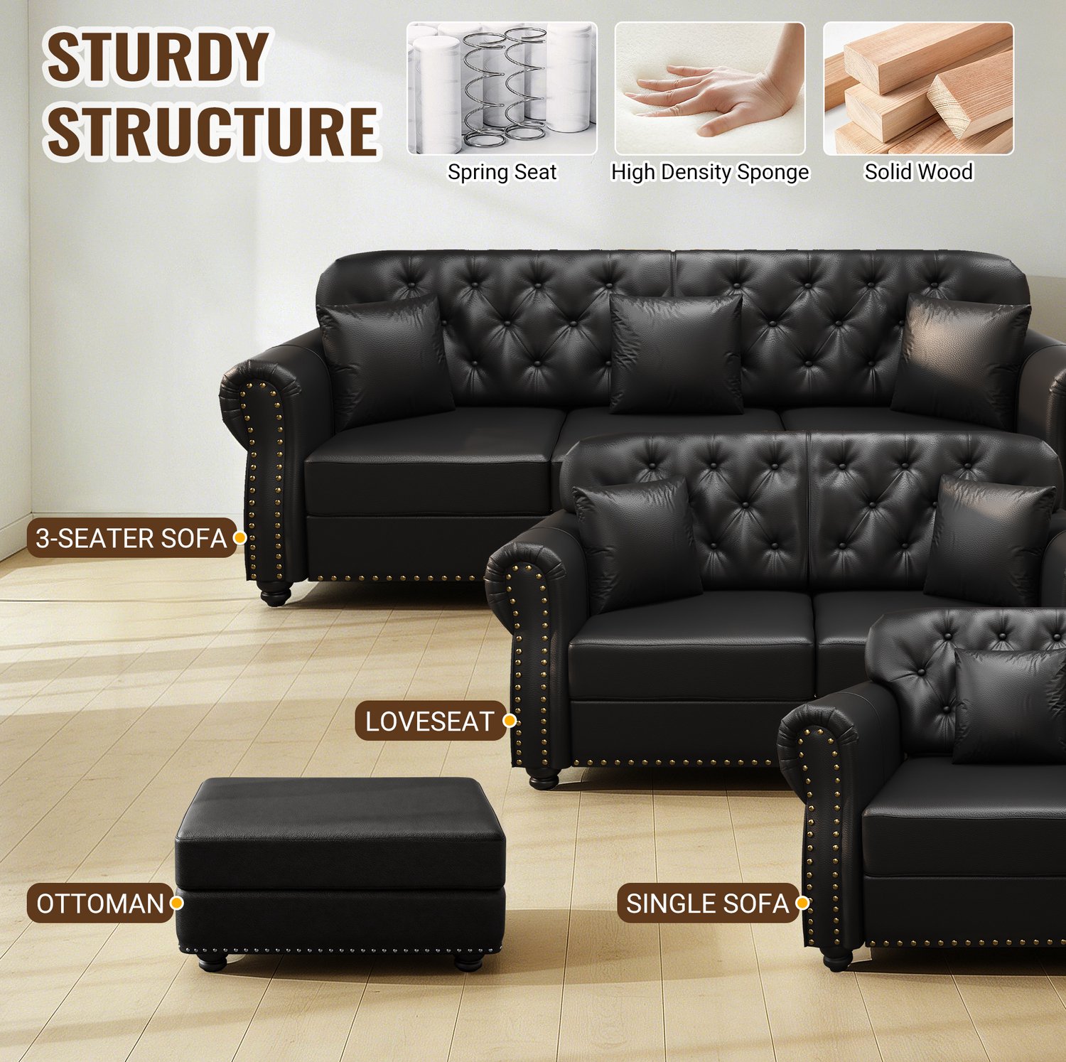 OKWISH Chesterfield Bank 210 cm - 3-Zitsbank met 3 Verplaatsbare Voetenbanken en Siernagels - Woonkamer - Kunstleer - Zwart