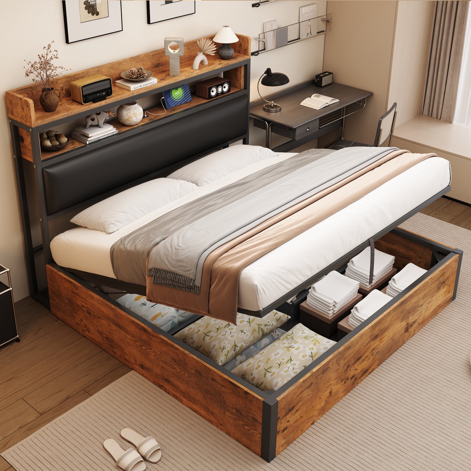 Zubaliya Gestoffeerd bed - 180 x 200 cm - Zwart - metaal, hout, stof - Hydraulische opbergruimte - USB-aansluiting - Opbergruimte