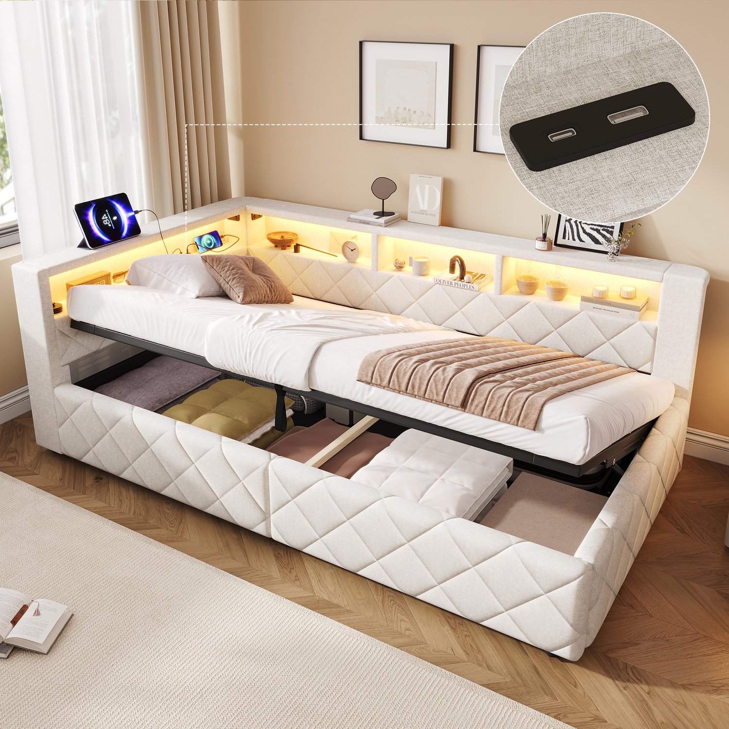 Zubaliya Dagbed - 90 x 200 cm - Beige - linnen, MDF - Hydraulische opbergruimte - LED-verlichting - USB-aansluiting