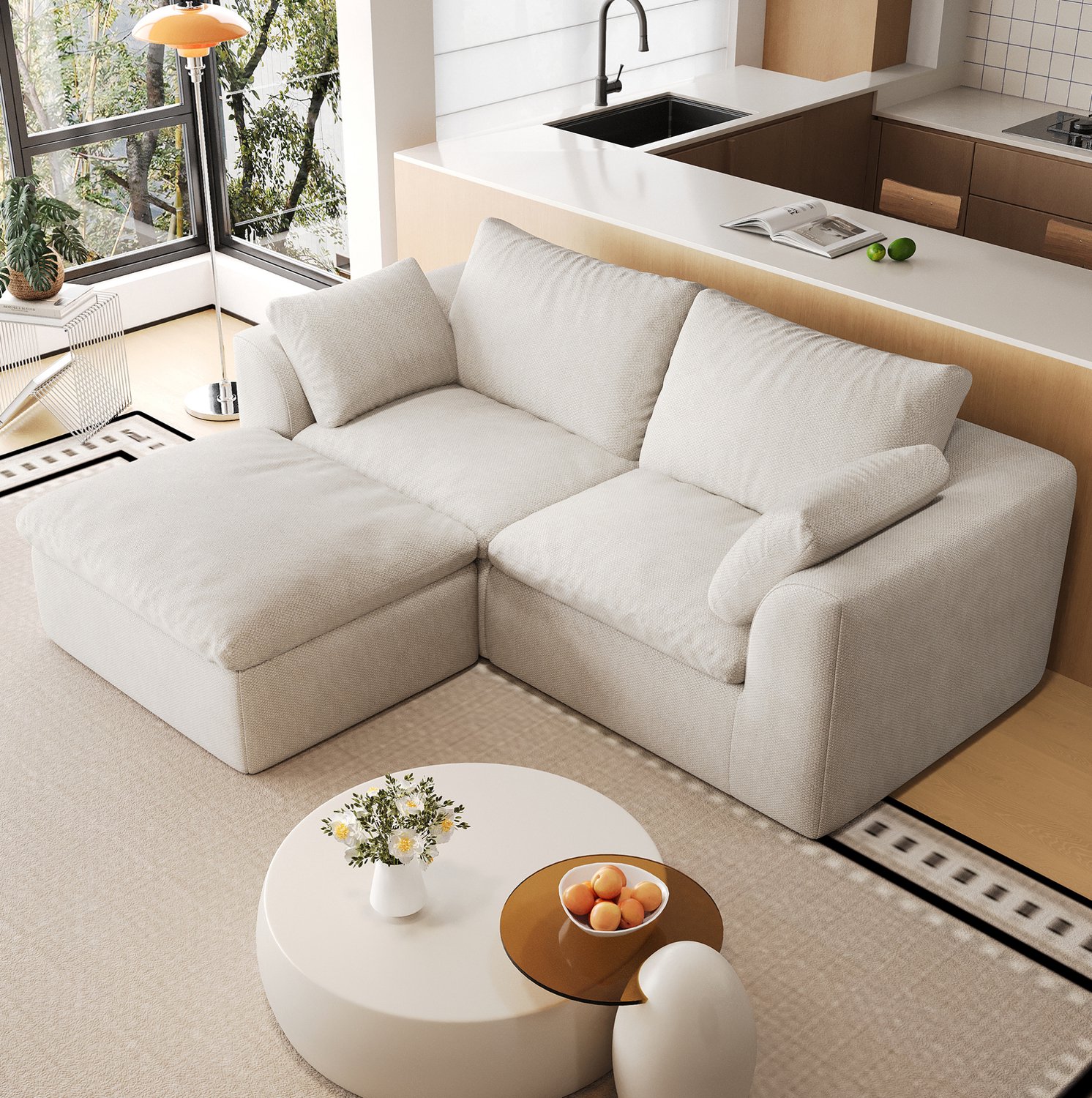 MODENUIT Hoekbank 180 x 155 x 83 cm - 3-Zits met Schuimvulling - Voor Woonkamer - Linnen - Beige Wit Beige-wit