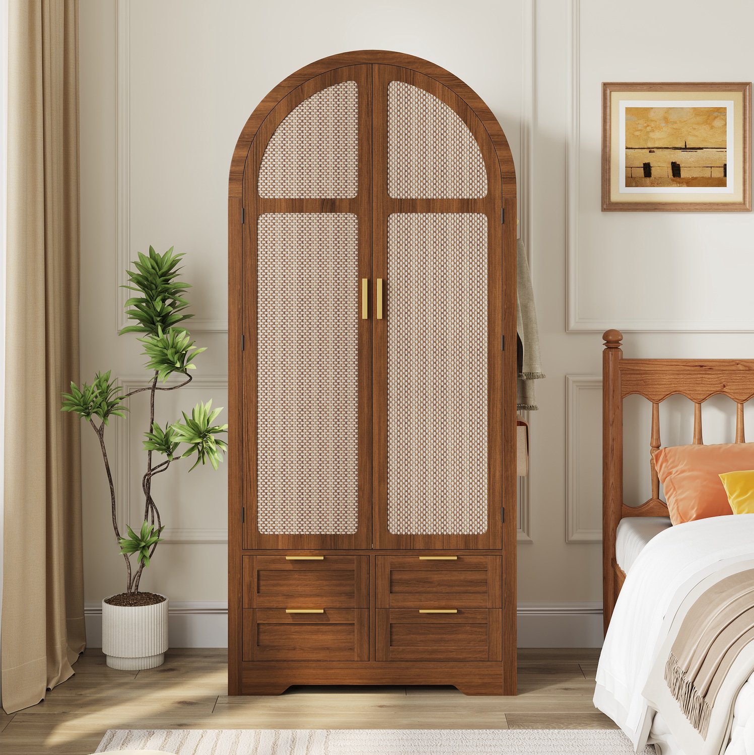 OKWISH Kledingkast - Gebogen Deuren met Rotan Panelen - Kledingroede en Vier Lades - voor Slaapkamer en Hal - MDF Walnootkleur - 80 x 50 x 180 cm