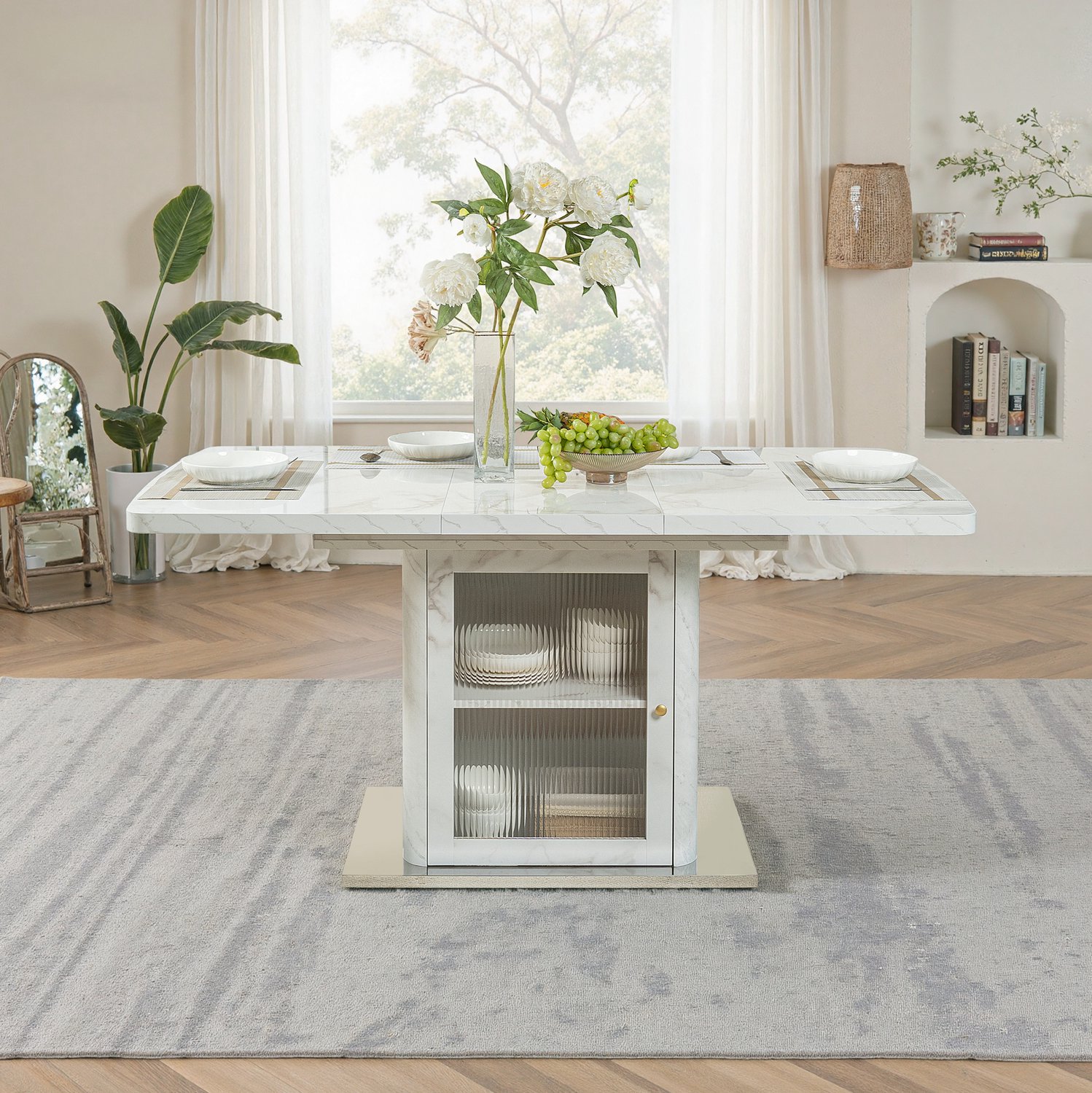 MIVRAY Eettafel - Uitschuifbaar van 120 tot 160 Cm - Kastpoot met Glazen Deuren en Opbergruimte - MDF en Staal - Witte Marmerlook - 80 x 76 Cm