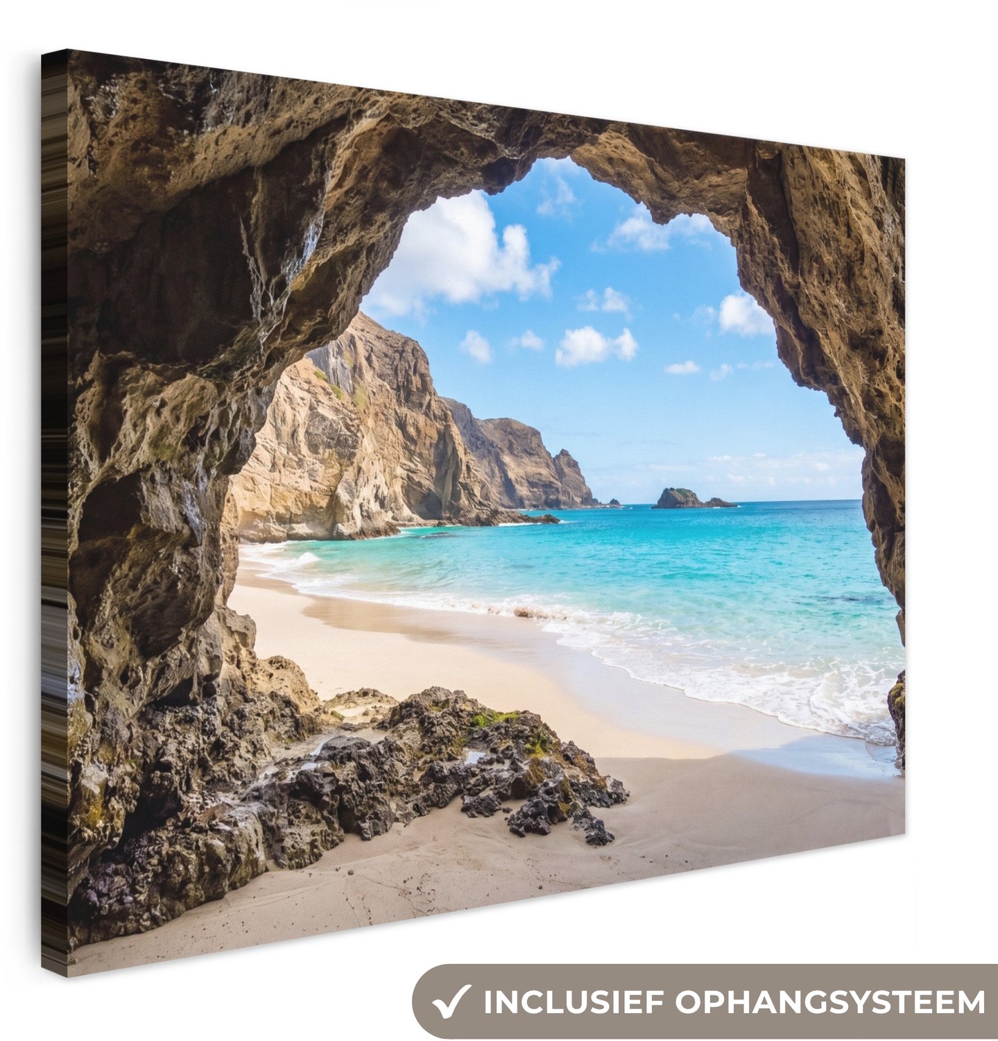 Canvas schilderij 100x70 cm - Exclusieve wanddecoratie Grot - Strand - Zee - Blauw - Muurdecoratie woonkamer - Slaapkamer decoratie - Kamer accessoires - Schilderijen op canvas