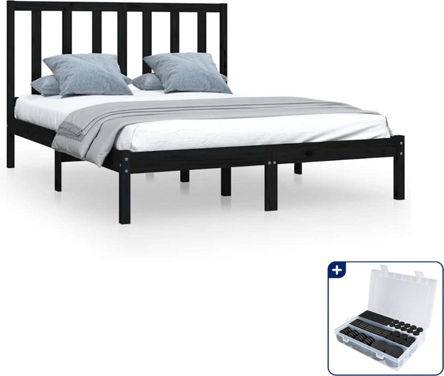 vidaXL bedframe - 140 x 190 cm - massief grenenhout - zwart - Inclusief antikrasvilt 177-delig Blauw