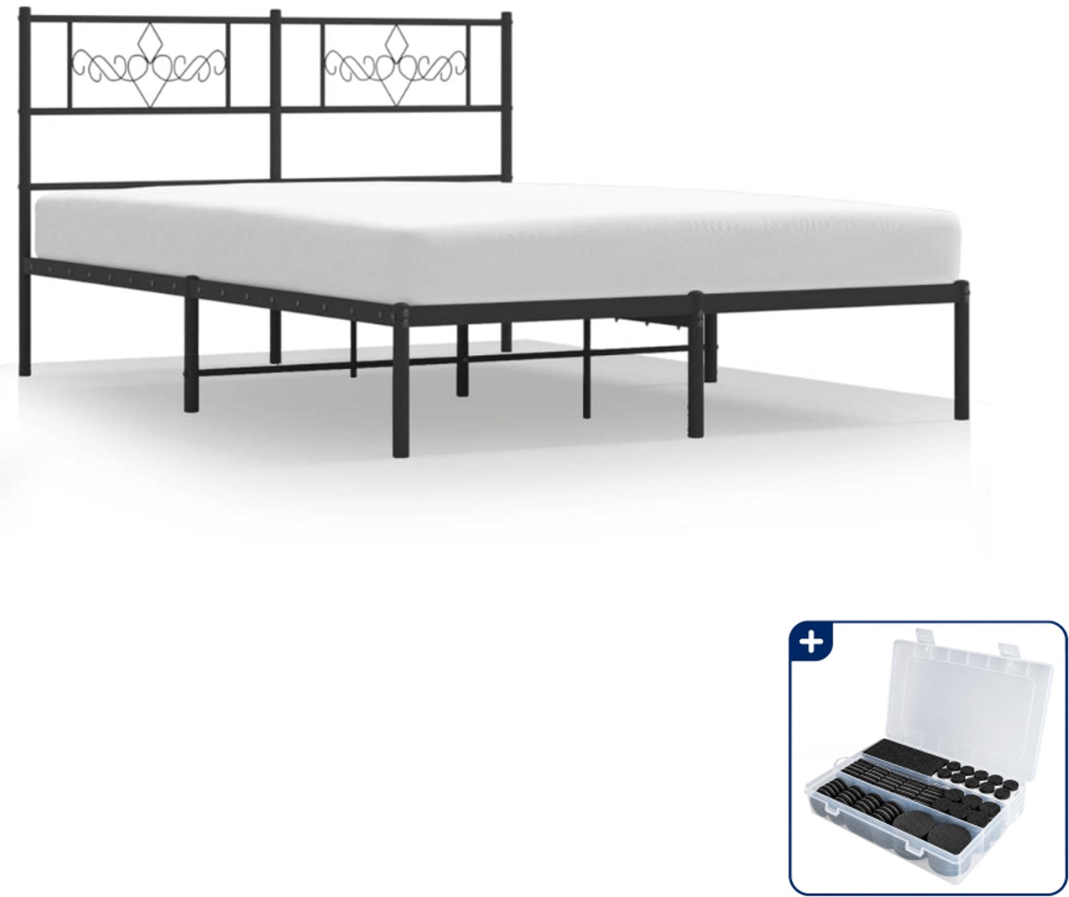 vidaXL Queensize bedframe met hoofdbord - 160 x 200 cm - metaal - zwart - Inclusief antikrasvilt 177-delig