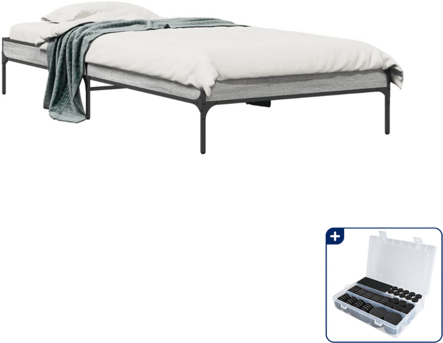 vidaXL bedframe - 90 x 200 cm - bewerkt hout en metaal - grijs sonoma - Inclusief antikrasvilt 177-delig