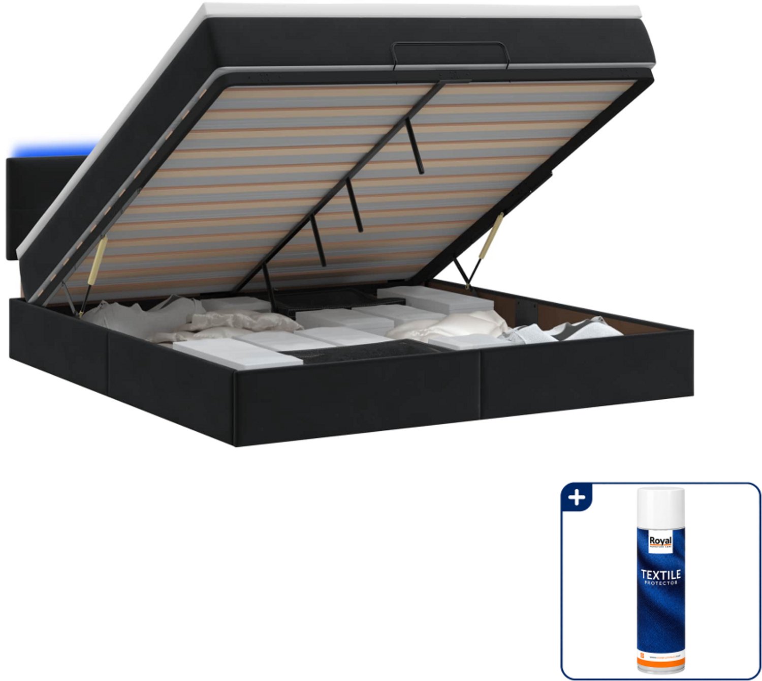 vidaXL ottoman bed met matras en LED - 140 x 190 cm - zwart - Inclusief textielbeschermer 500 ml