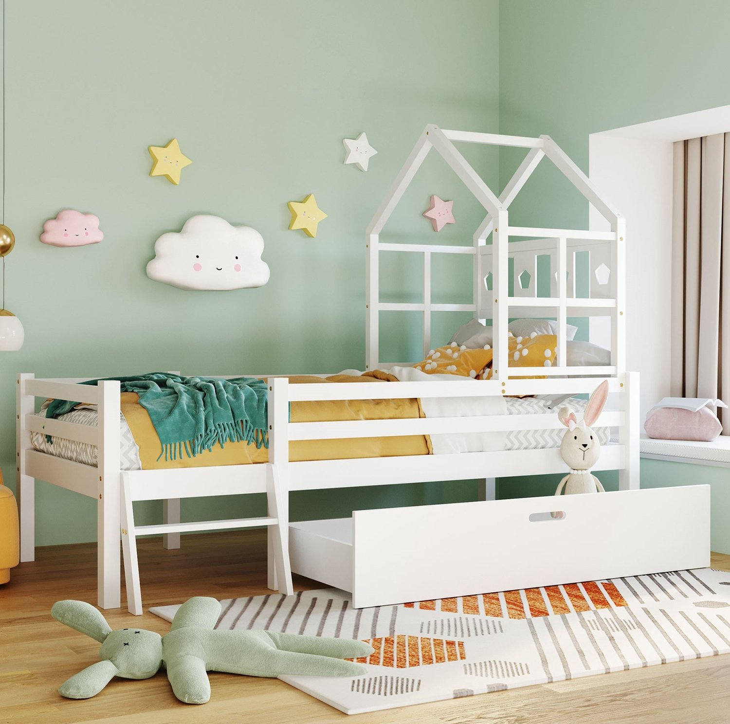 Maisentiel Wit kinderhoogslaper 90 x 200 cm met ladder, bedlade en lattenbodem