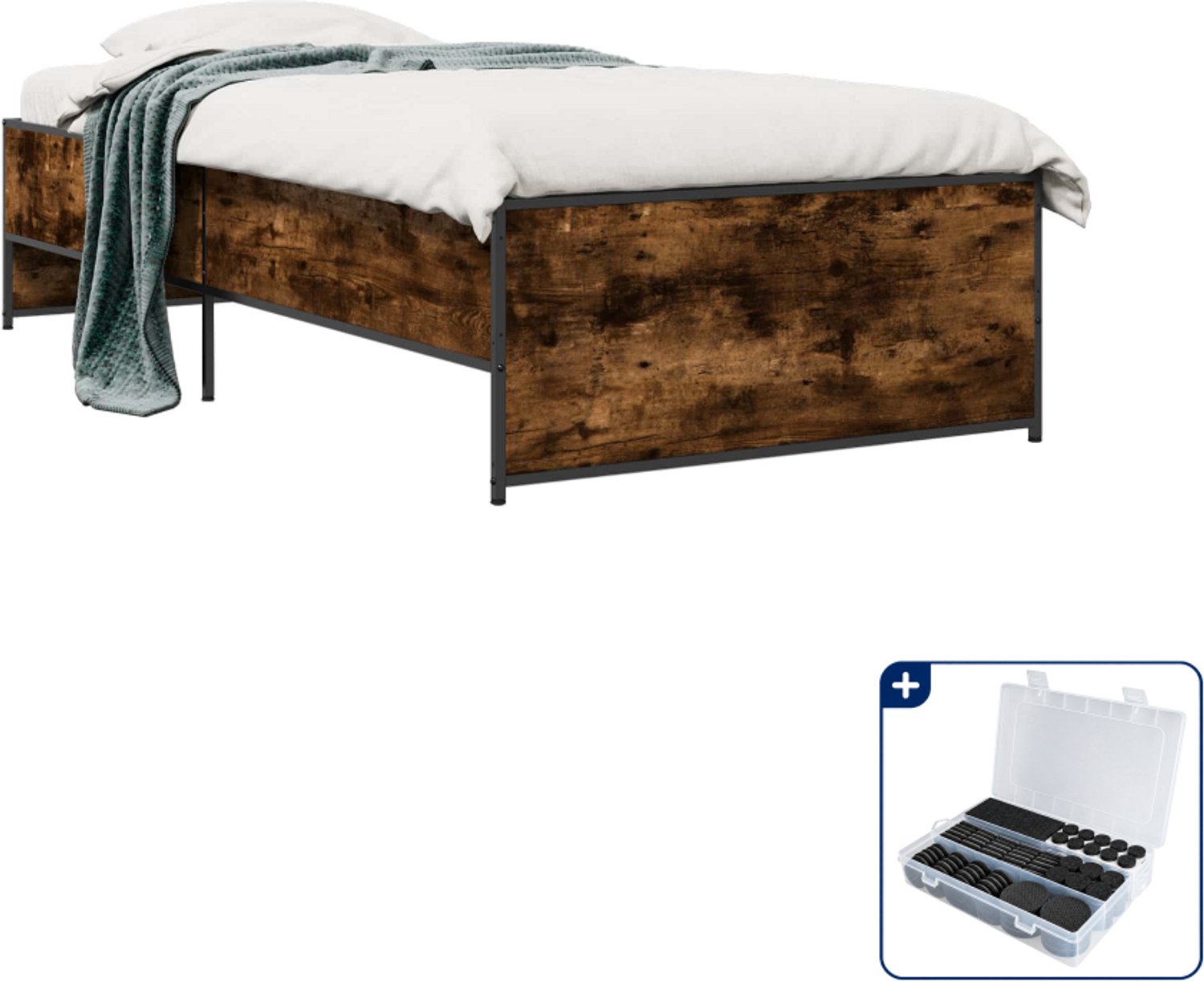vidaXL Bedframe - 80 x 200 cm - bewerkt hout - gerookt eiken - Inclusief antikrasvilt 177-delig Bruin