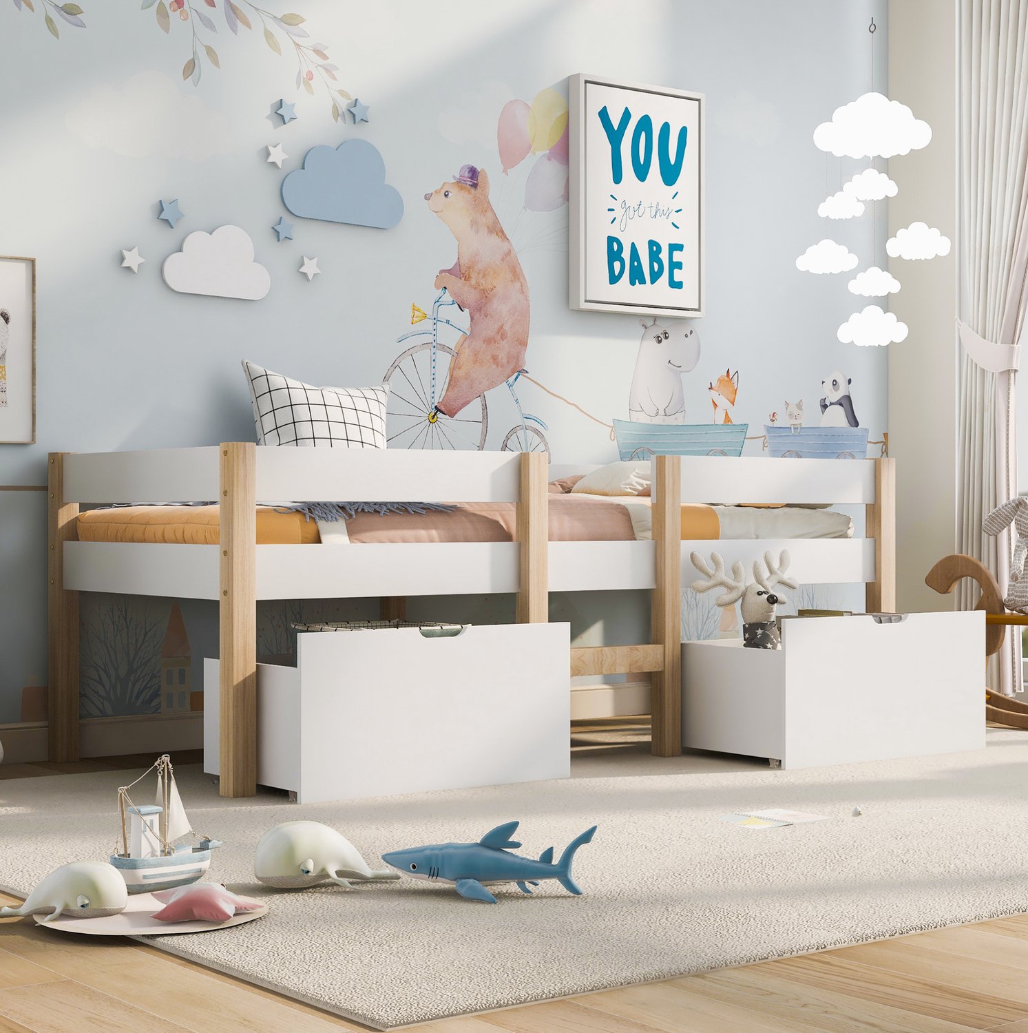 Maisentiel Halfhoogslaper kinderbed 90 x 190 cm met 2 lades en uitvalbeveiliging - wit en eikenkleur