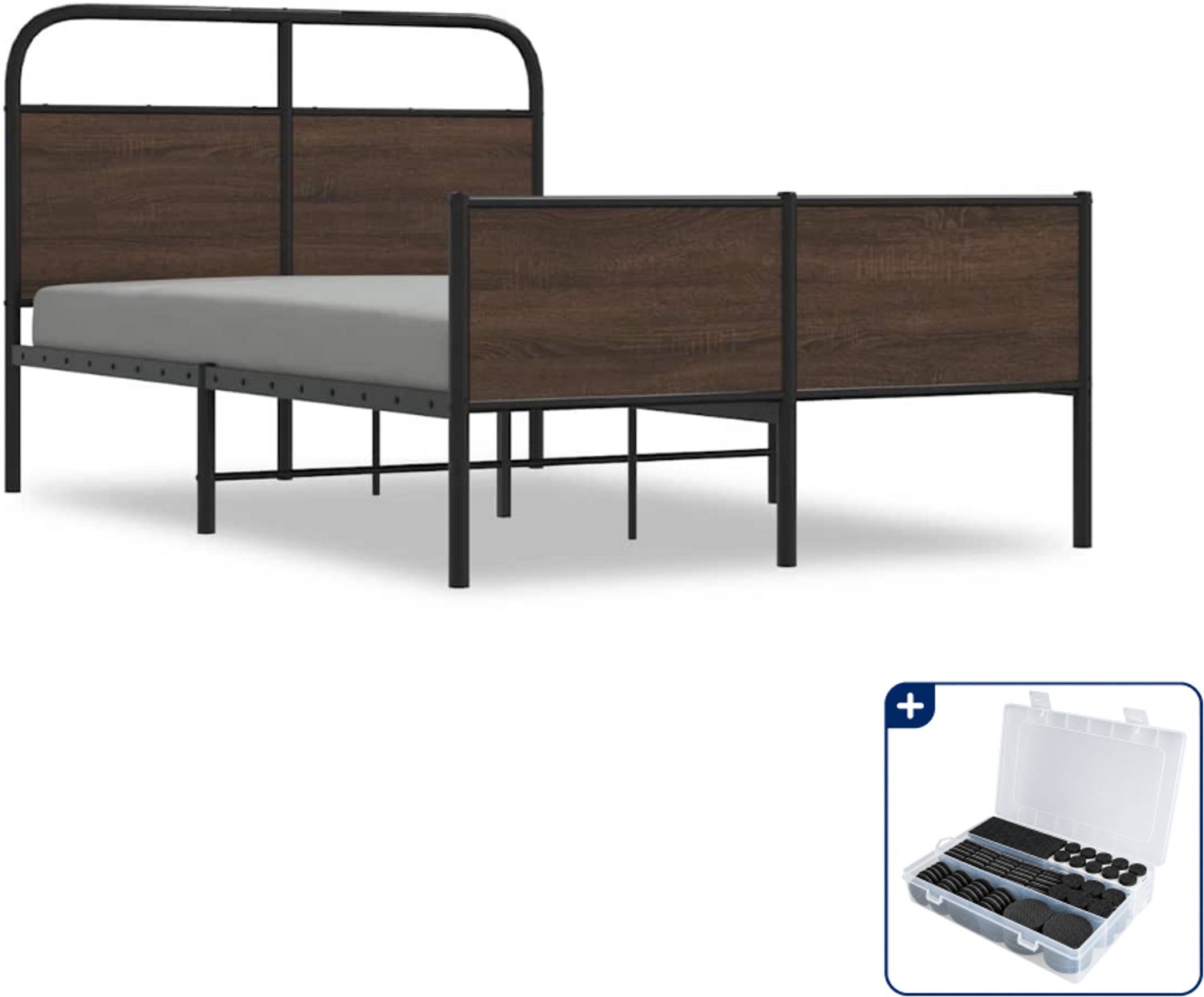 vidaXL bedframe - 120 x 200 cm - staal en bewerkt hout - bruineiken - Inclusief antikrasvilt 177-delig