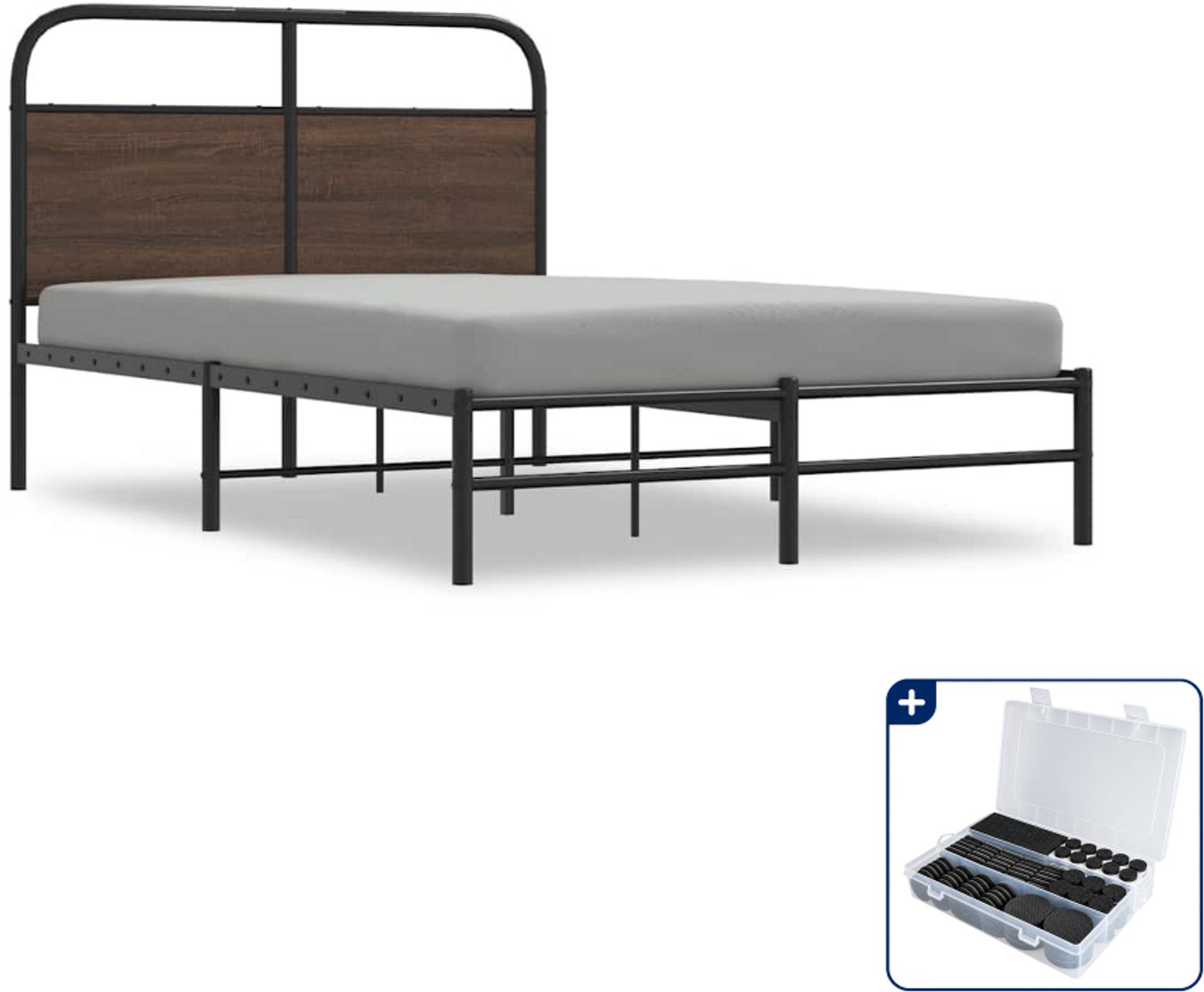vidaXL bedframe - 135 x 190 cm - staal en bewerkt hout - bruineiken - Inclusief antikrasvilt 177-delig