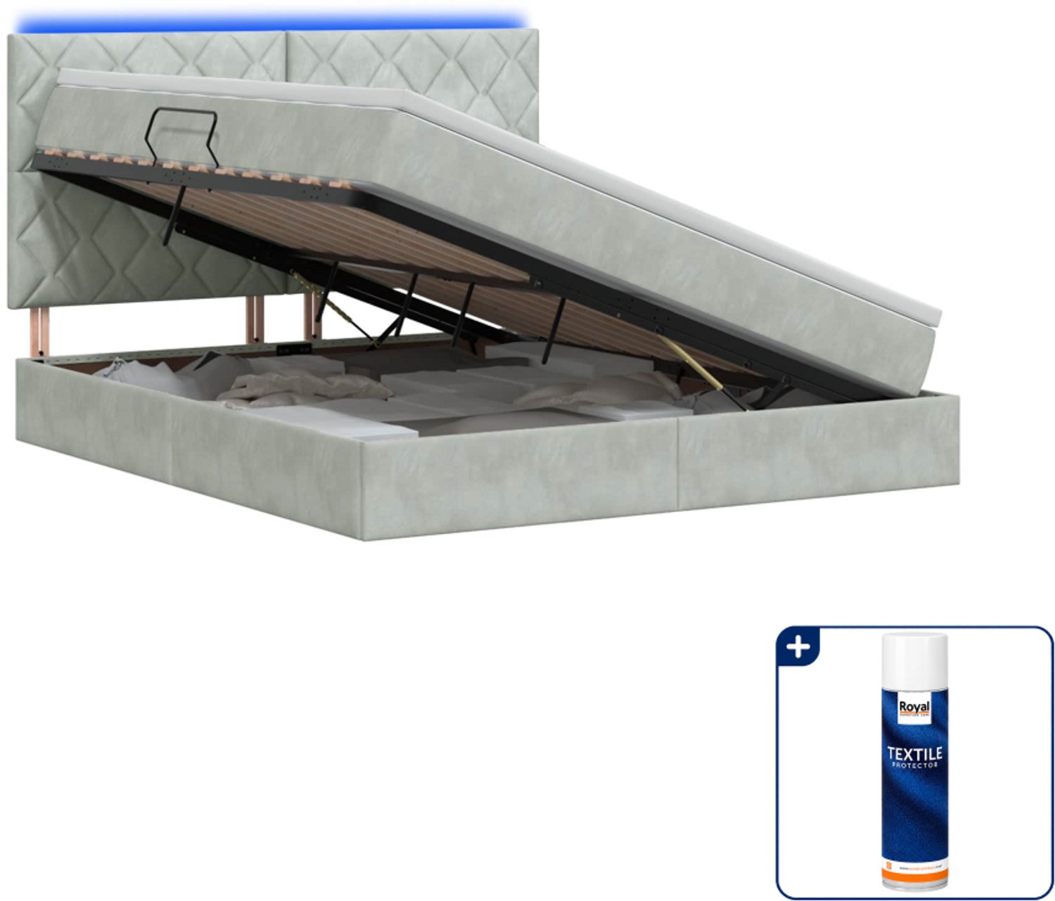 vidaXL LED-opslagbed - Kingsize - 180 x 200 cm - lichtgrijs - Inclusief textielbeschermer 500 ml