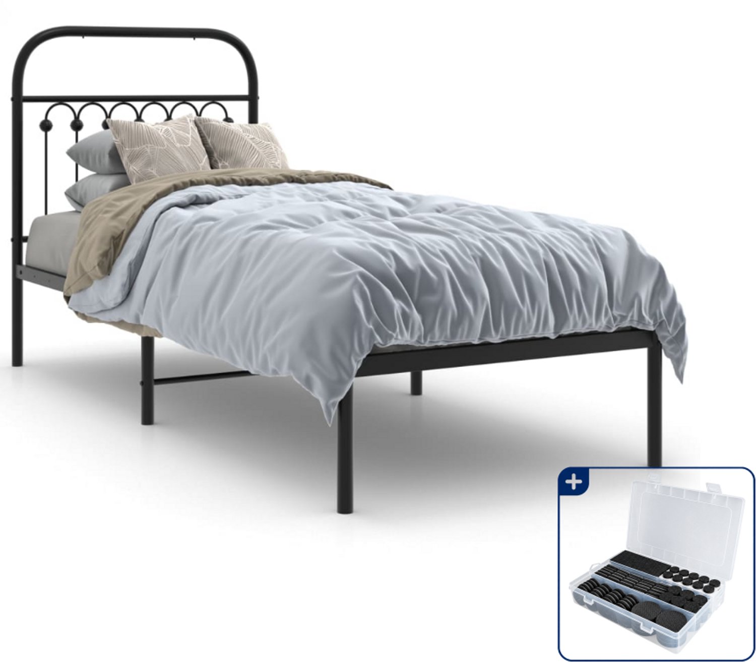 vidaXL bedframe met hoofdbord - 75 x 190 cm - staal - zwart - Inclusief antikrasvilt 177-delig