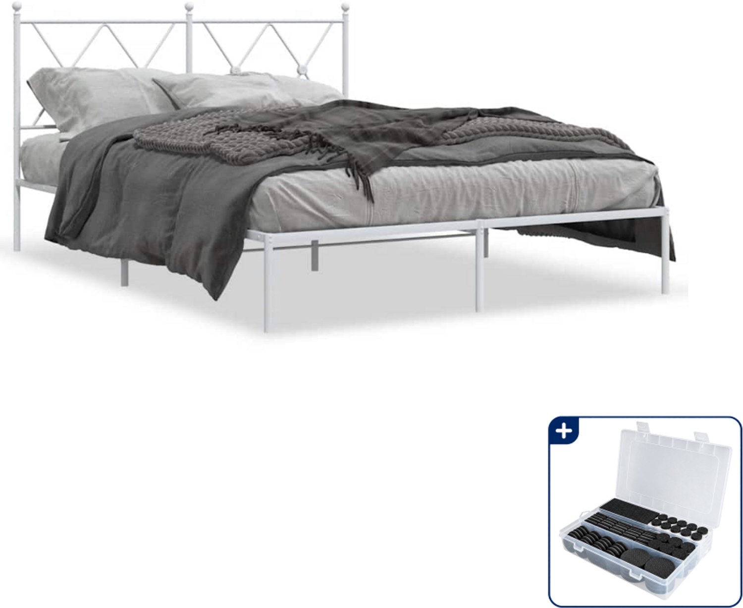 vidaXL bedframe met hoofdbord - 140 x 190 cm - staal - wit - Inclusief antikrasvilt 177-delig